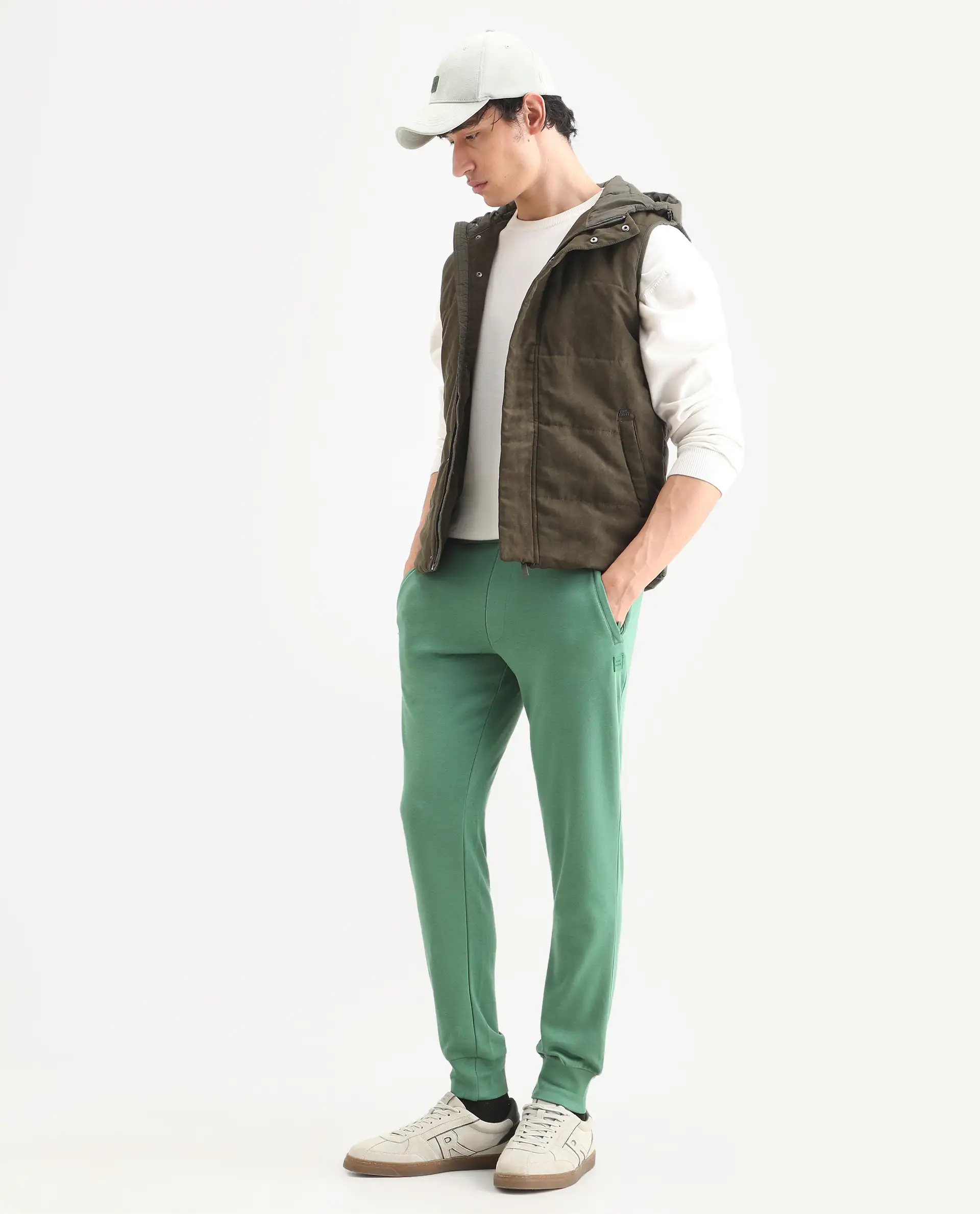 Rare Rabbit Men's Otari Green Cotton Plain Regular Fit Joggers