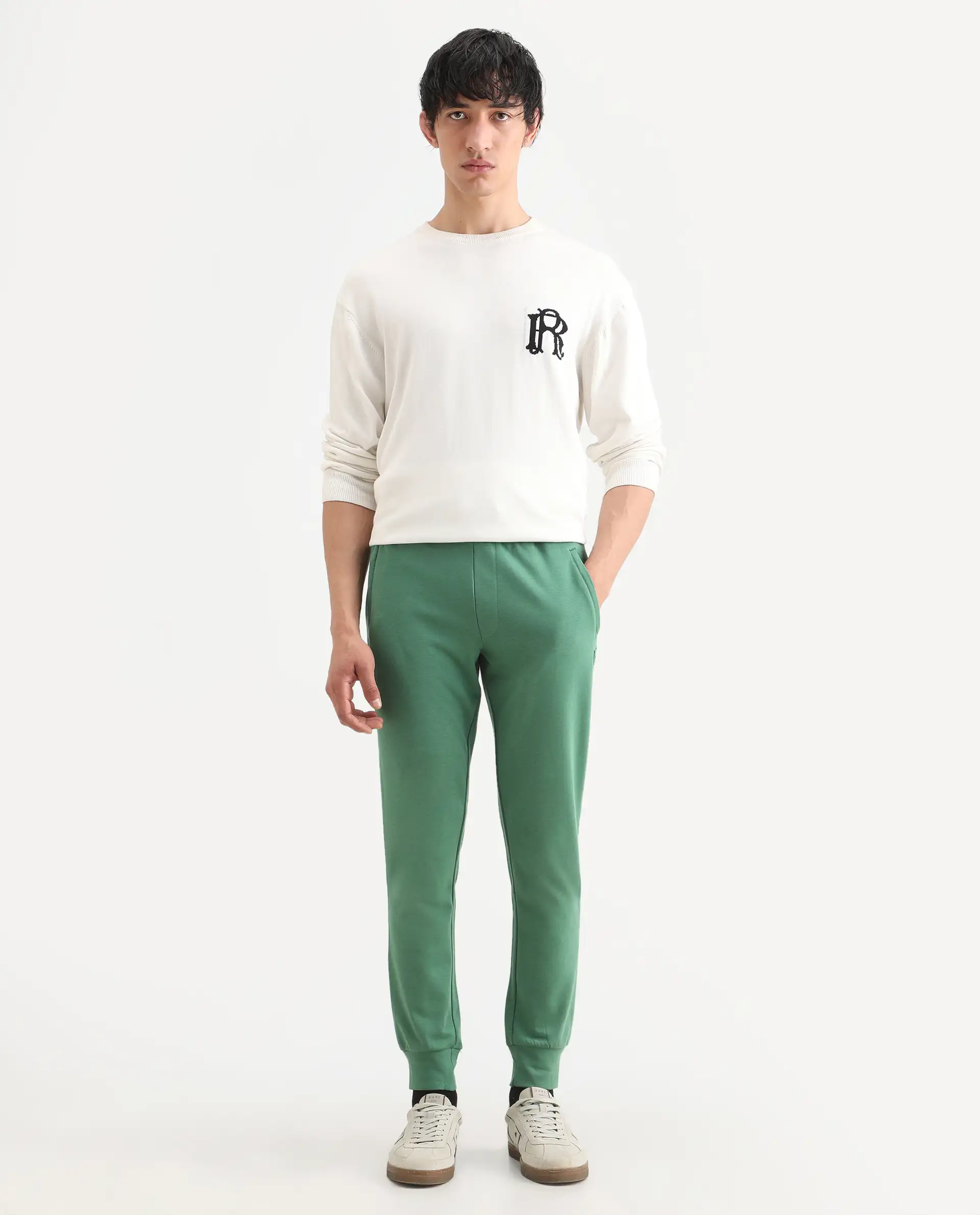 Rare Rabbit Men's Otari Green Cotton Plain Regular Fit Joggers - Image 2