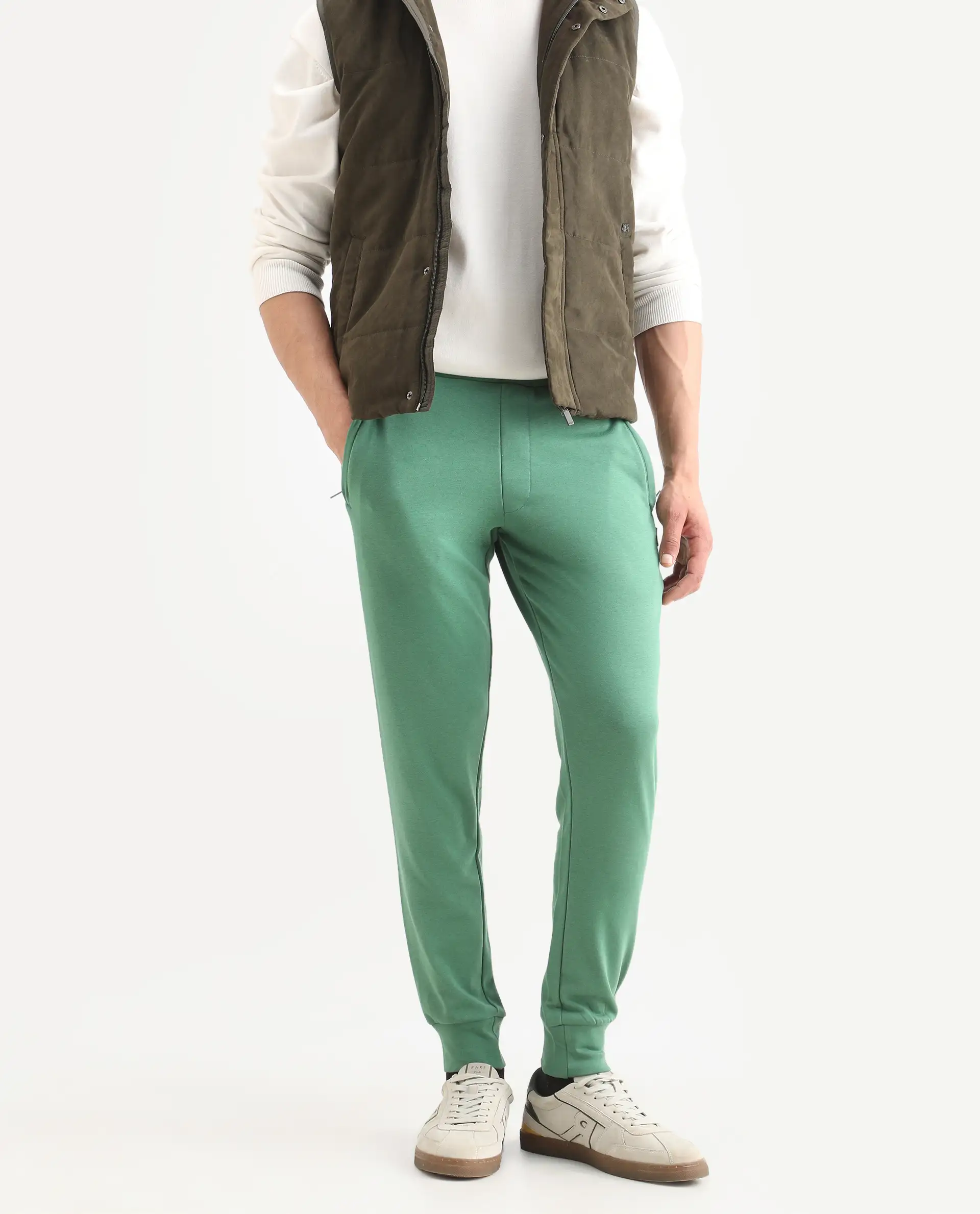 Rare Rabbit Men's Otari Green Cotton Plain Regular Fit Joggers - Image 3