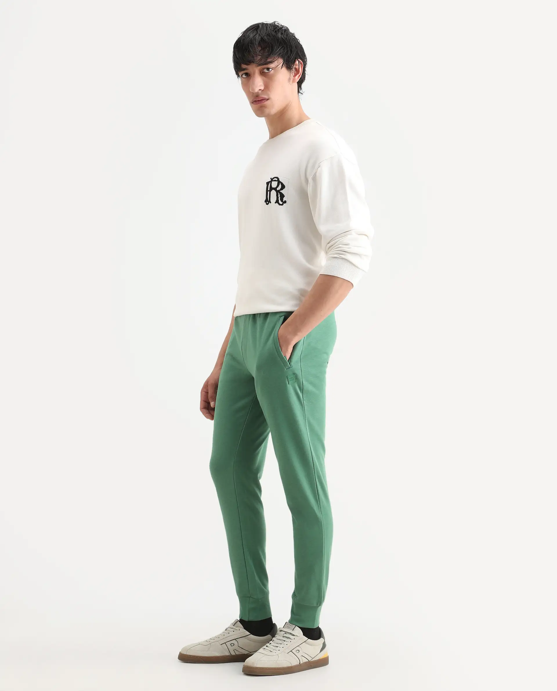 Rare Rabbit Men's Otari Green Cotton Plain Regular Fit Joggers - Image 5