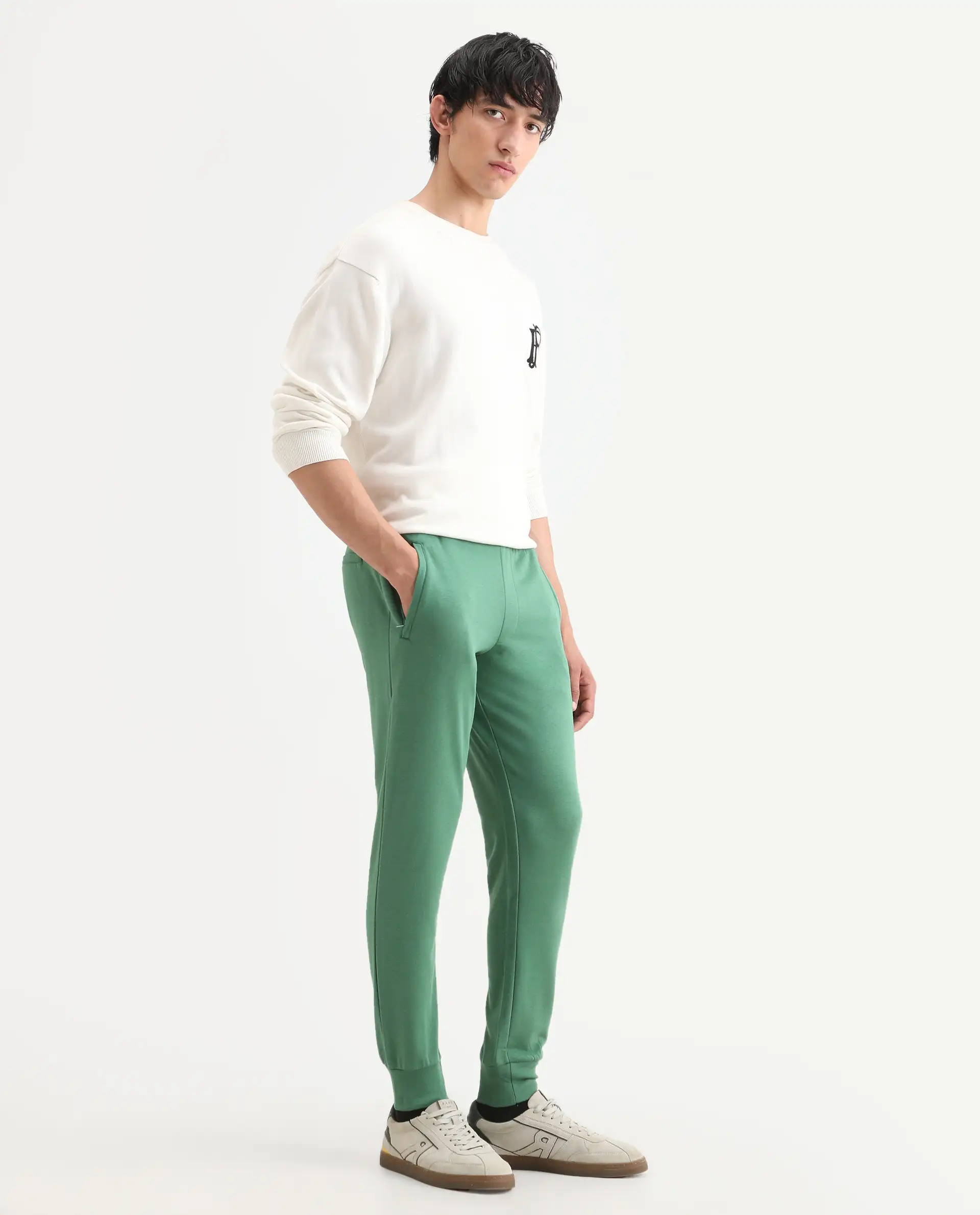 Rare Rabbit Men's Otari Green Cotton Plain Regular Fit Joggers - Image 6