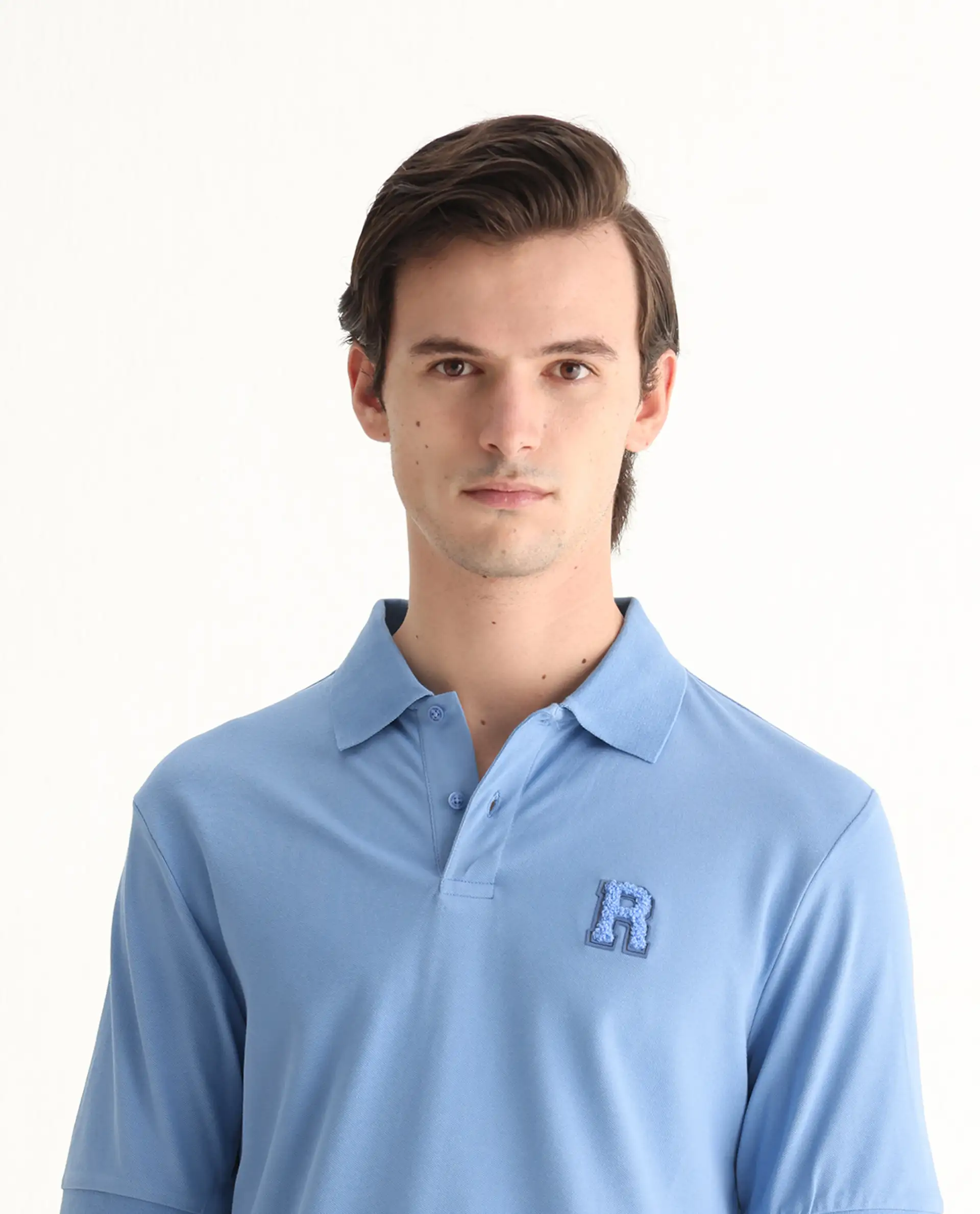 Rare Rabbit Men's Otes Blue Cotton Plain Regular Fit Half Sleeve Polo - Image 4