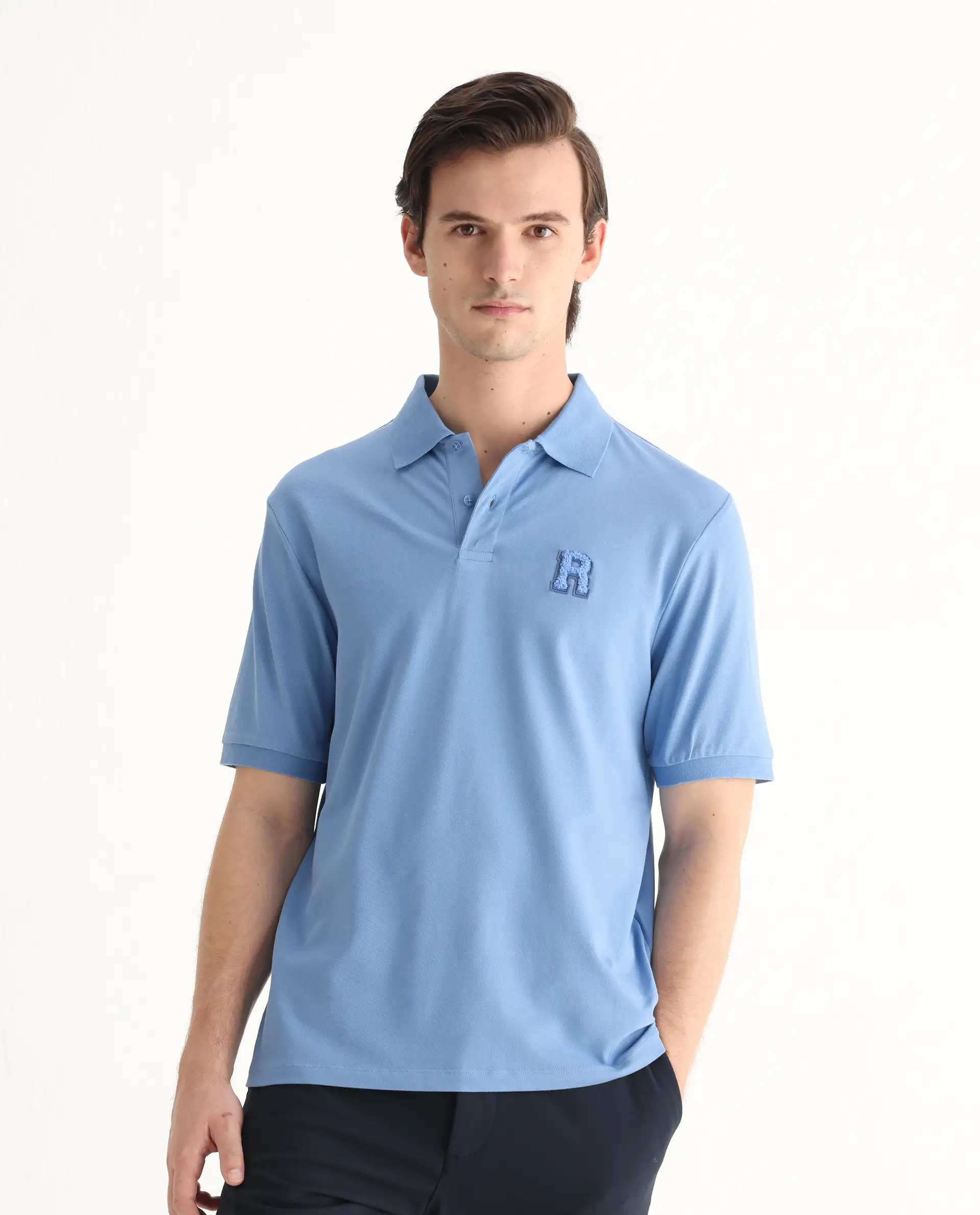 Rare Rabbit Men's Otes Blue Cotton Plain Regular Fit Half Sleeve Polo - Image 5