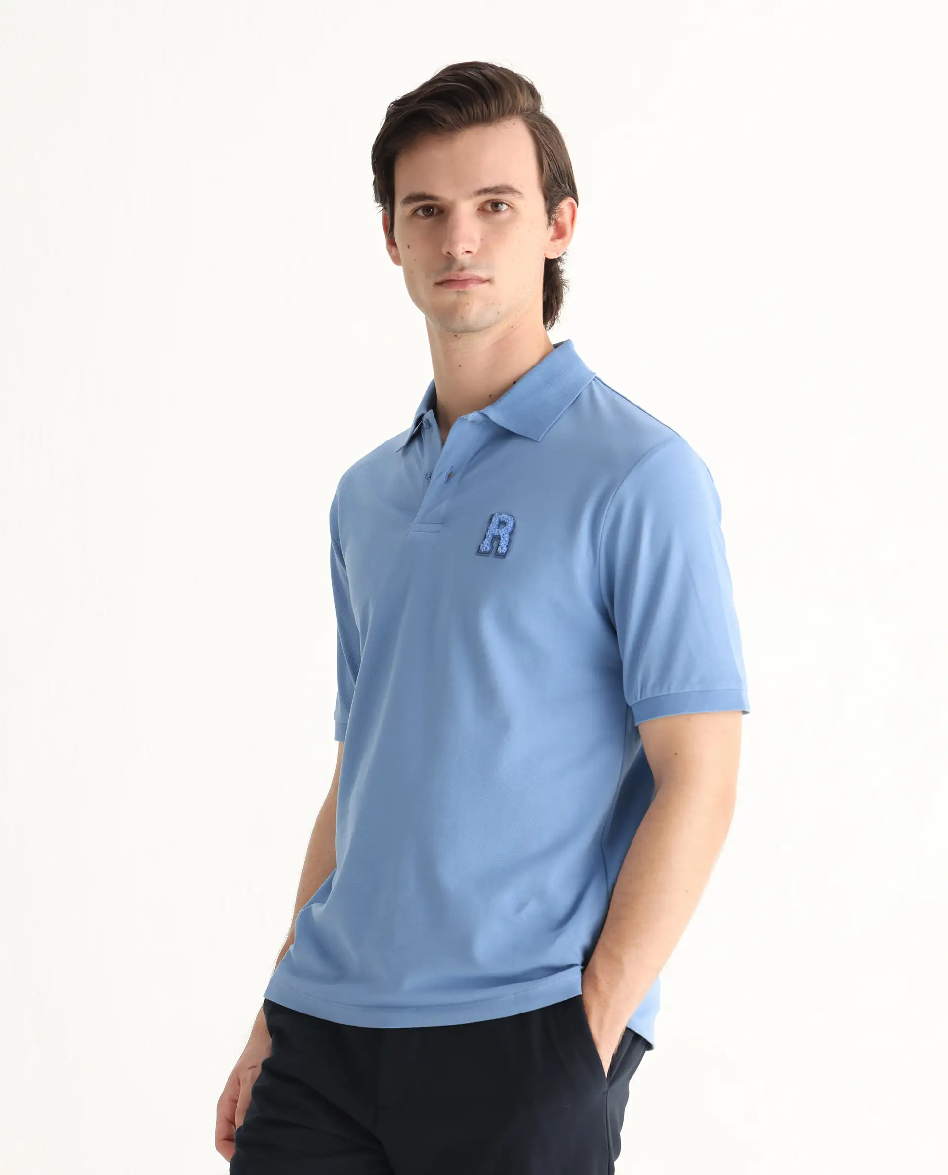 Rare Rabbit Men's Otes Blue Cotton Plain Regular Fit Half Sleeve Polo - Image 6
