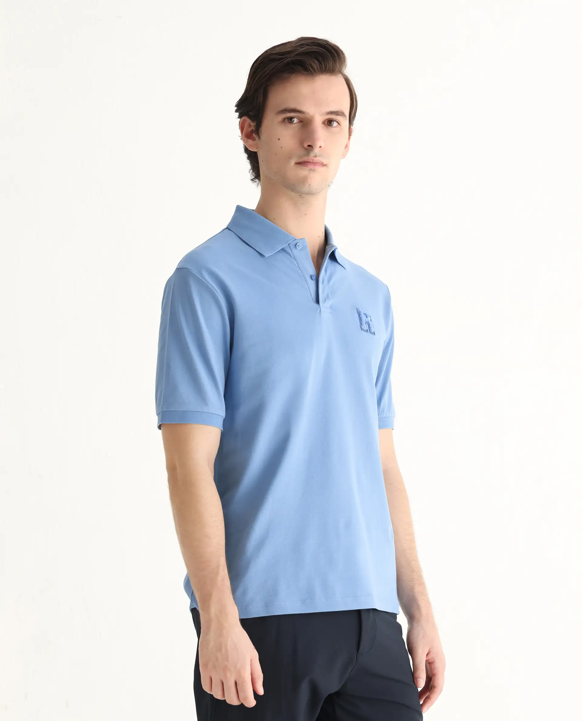 Rare Rabbit Men's Otes Blue Cotton Plain Regular Fit Half Sleeve Polo - Image 7