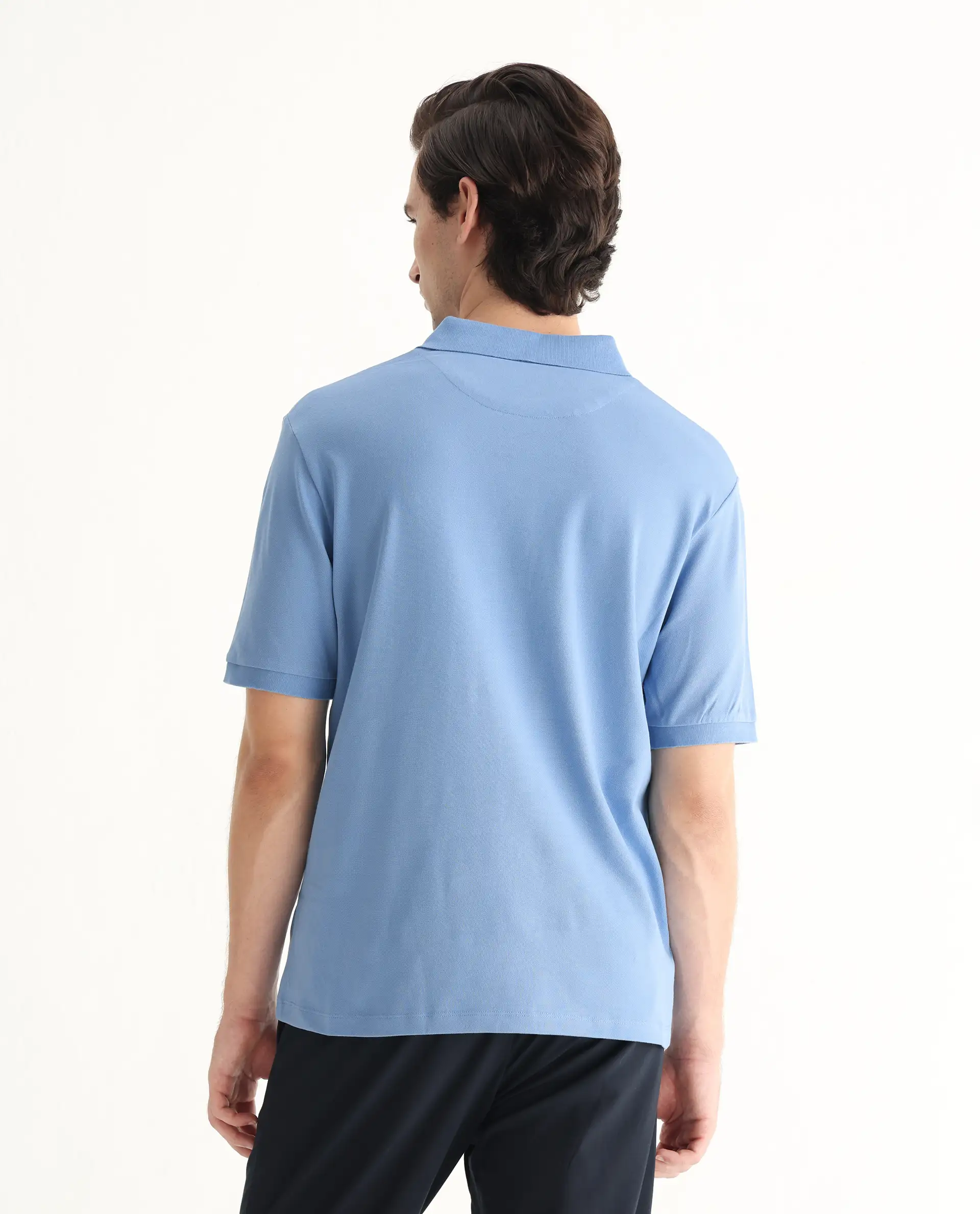 Rare Rabbit Men's Otes Blue Cotton Plain Regular Fit Half Sleeve Polo - Image 8