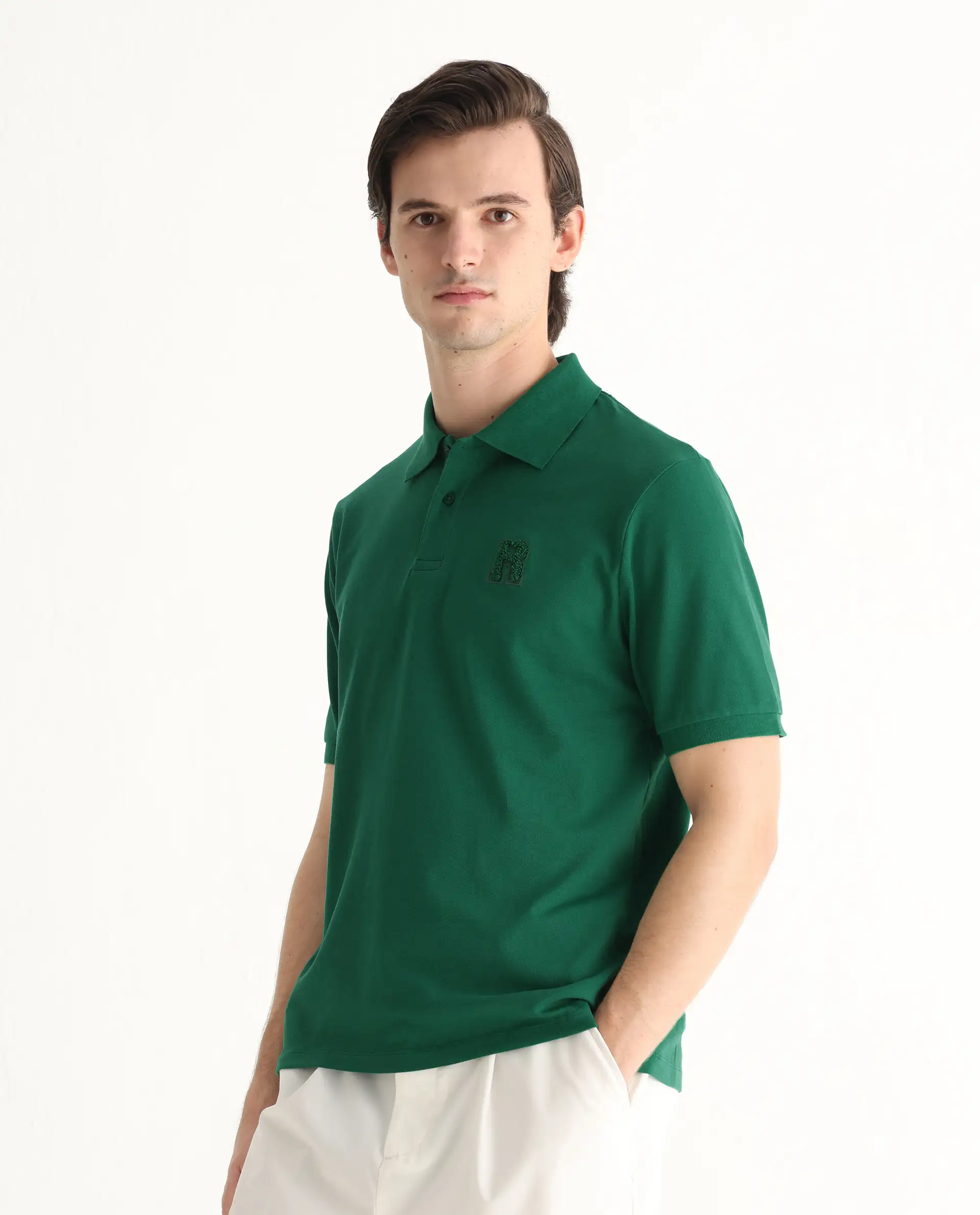 Rare Rabbit Men's Otes Green Cotton Plain Regular Fit Half Sleeve Polo - Image 5