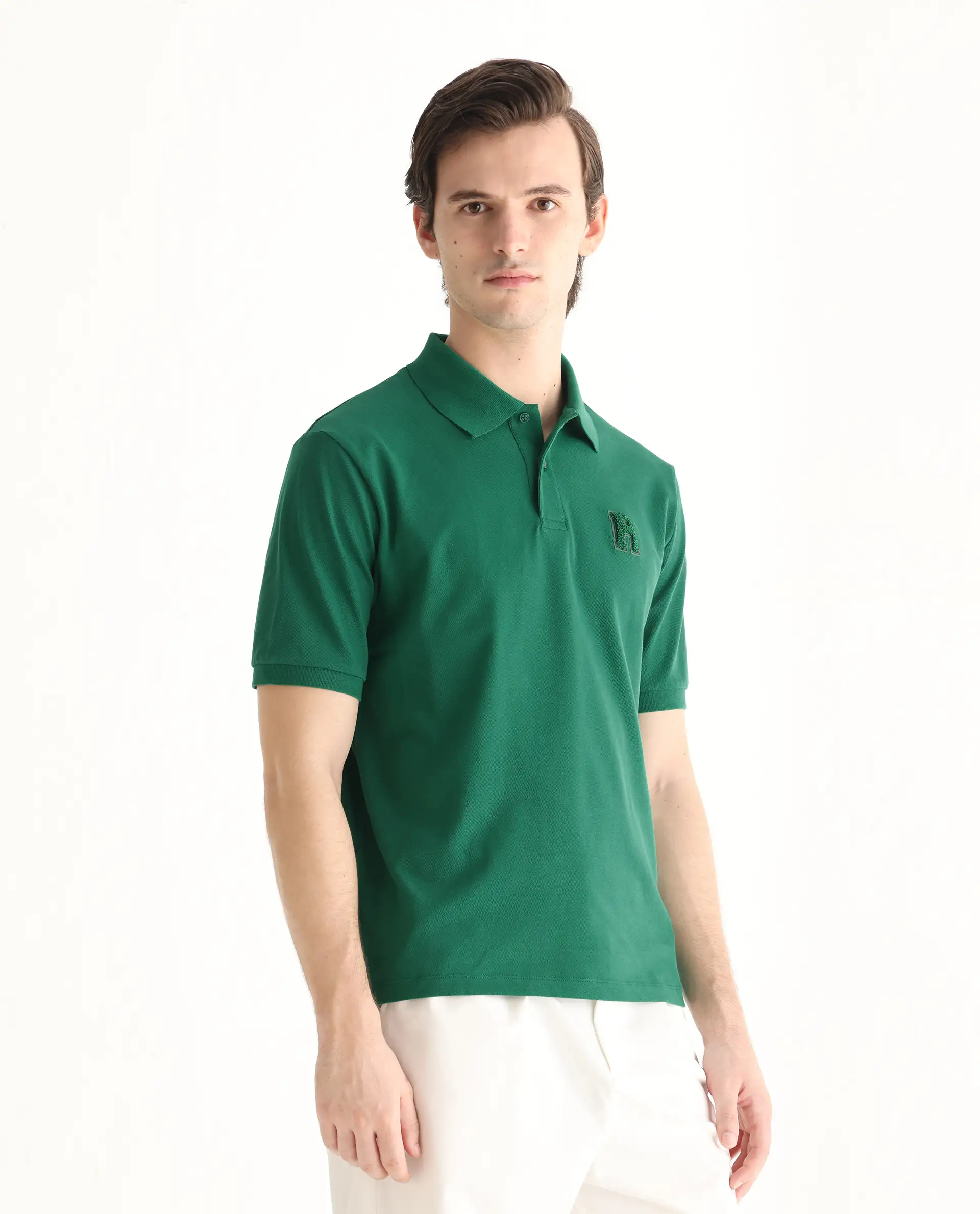 Rare Rabbit Men's Otes Green Cotton Plain Regular Fit Half Sleeve Polo - Image 6