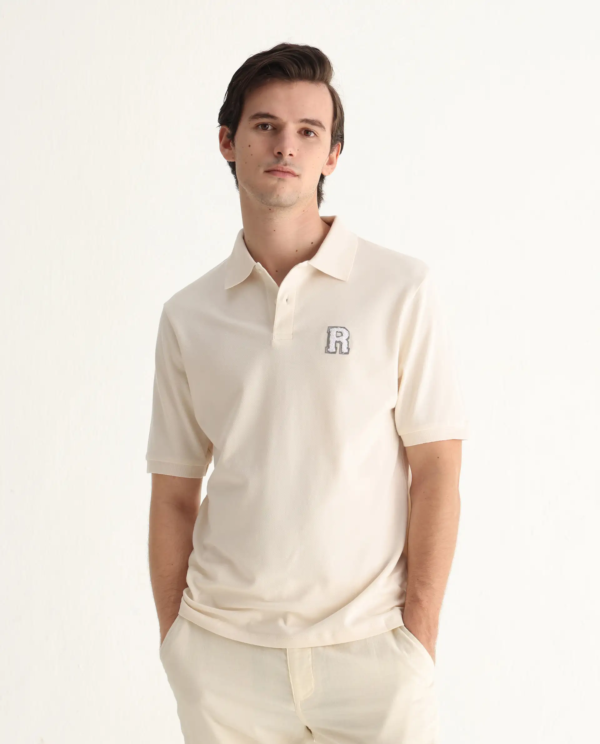 Rare Rabbit Men's Otes Off White Cotton Plain Regular Fit Half Sleeve Polo