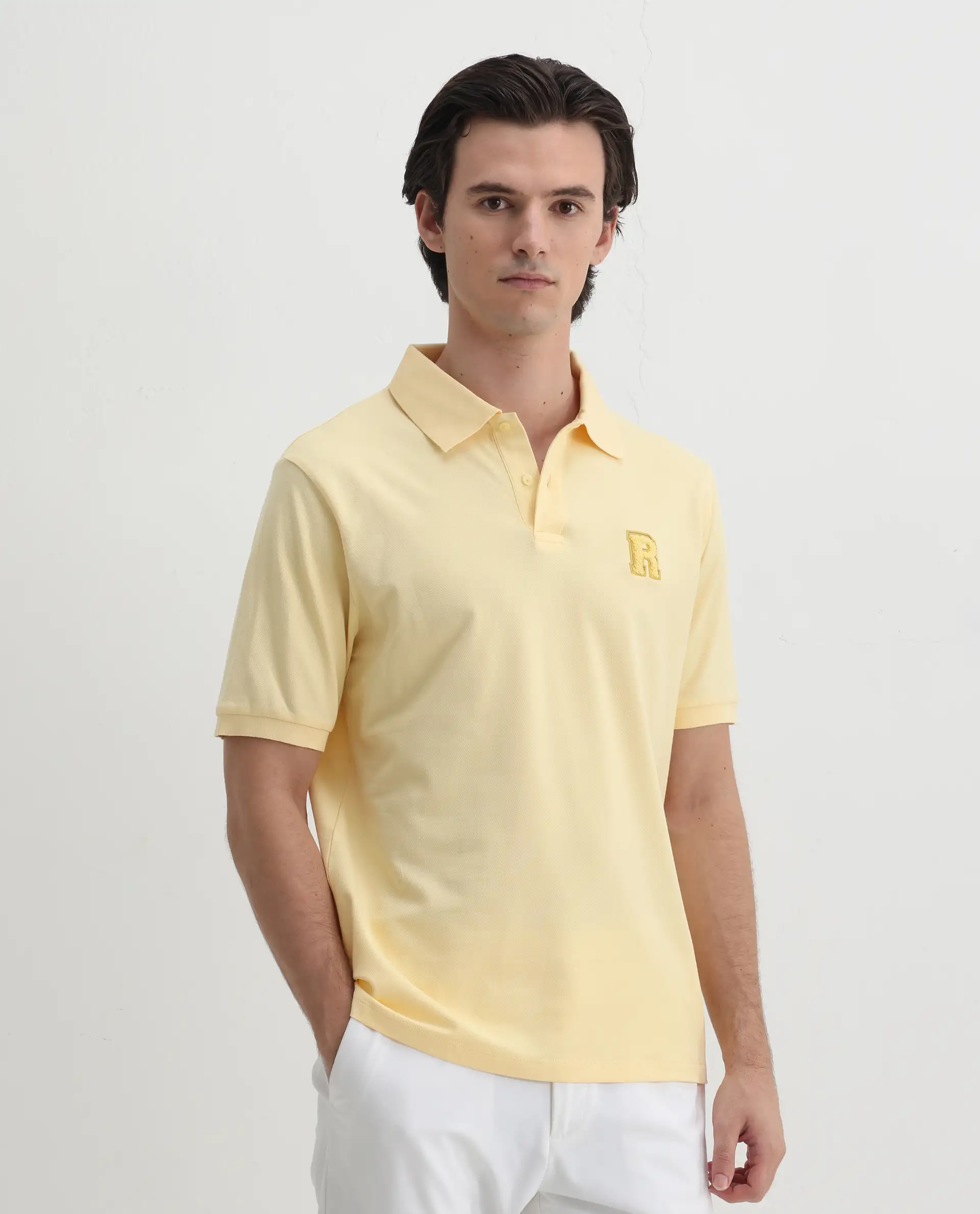 Rare Rabbit Men's Otes Pastel Yellow Cotton Plain Regular Fit Half Sleeve Polo - Image 4
