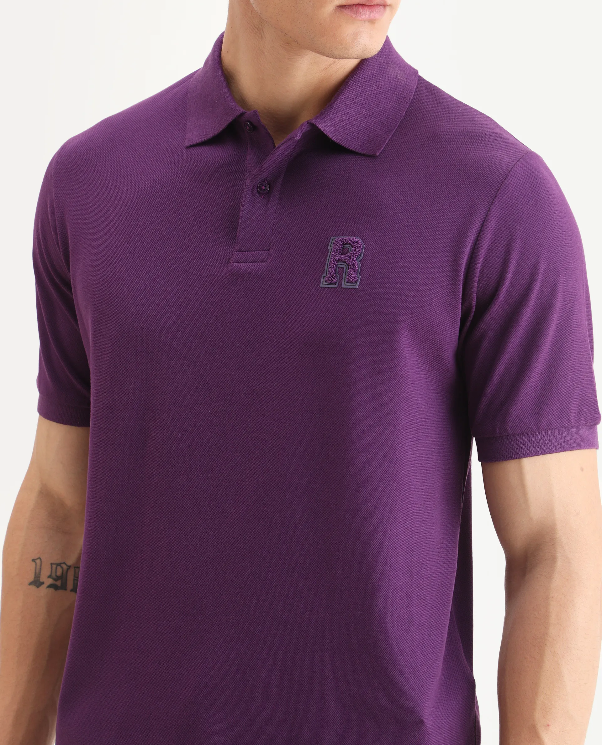 Rare Rabbit Men's Otes Purple Cotton Plain Regular Fit Half Sleeve Polo - Image 3