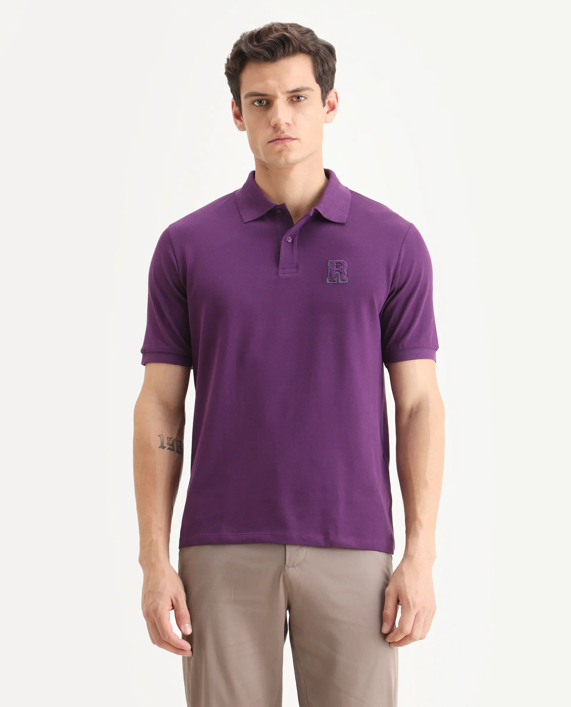 Rare Rabbit Men's Otes Purple Cotton Plain Regular Fit Half Sleeve Polo - Image 4