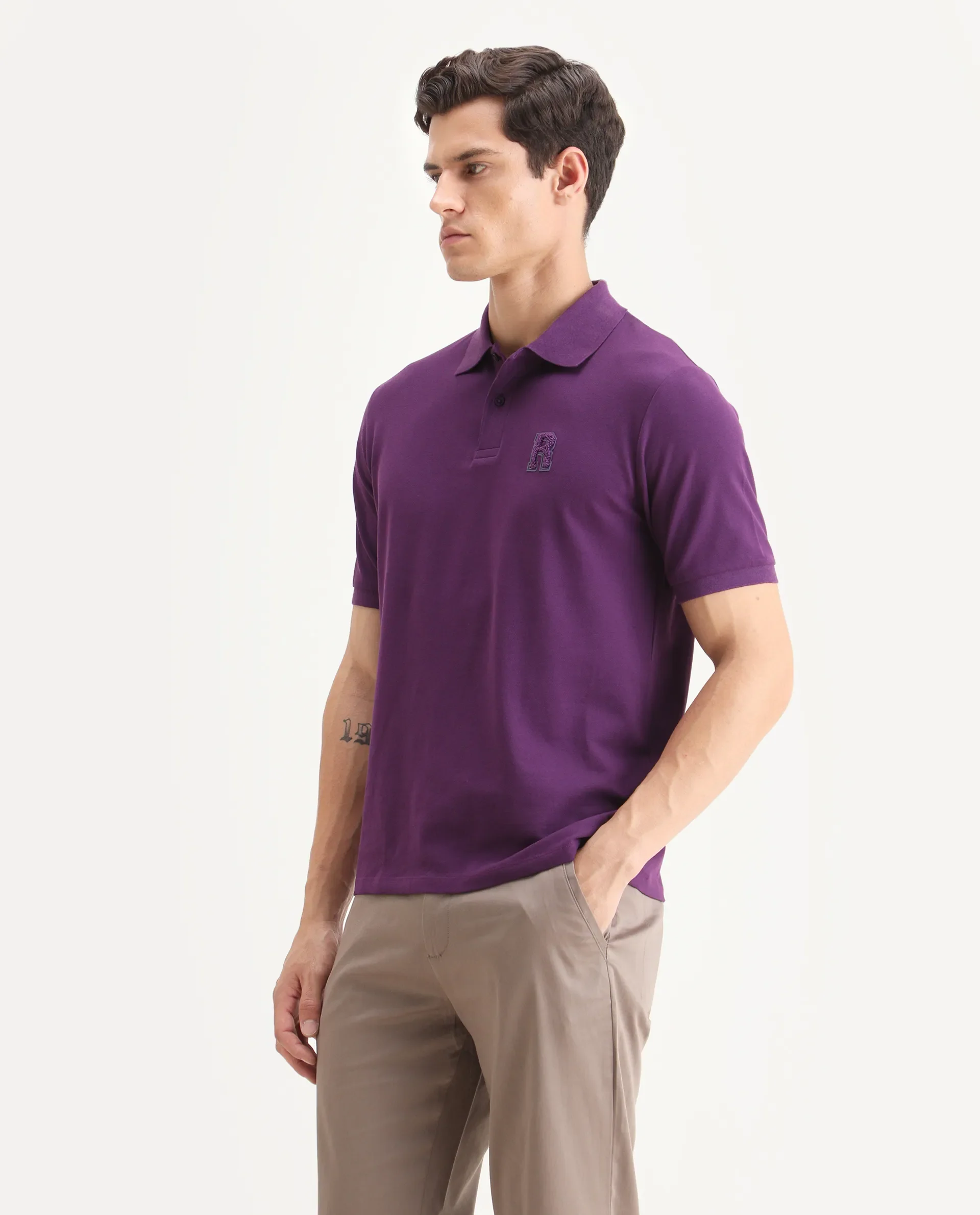 Rare Rabbit Men's Otes Purple Cotton Plain Regular Fit Half Sleeve Polo - Image 5