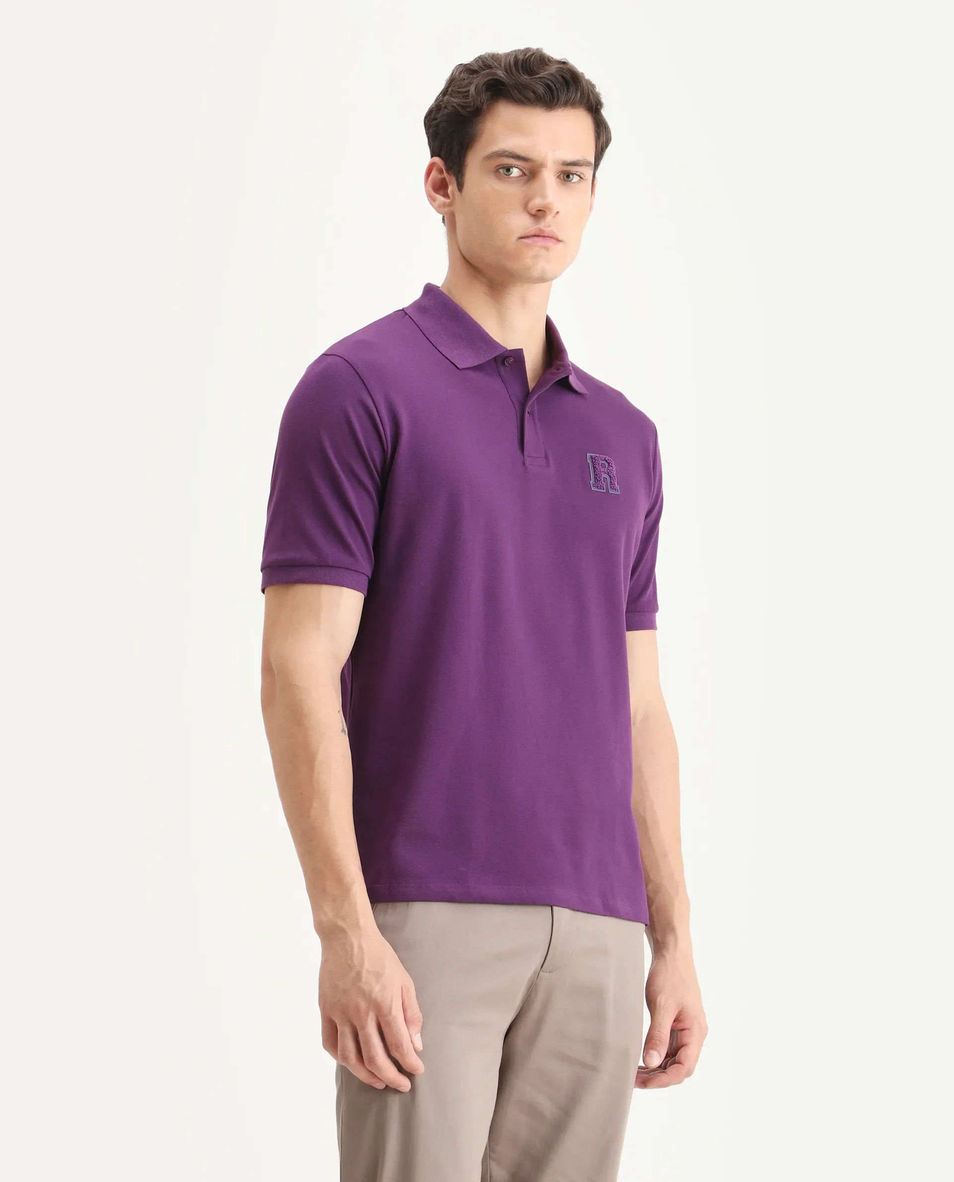 Rare Rabbit Men's Otes Purple Cotton Plain Regular Fit Half Sleeve Polo - Image 6