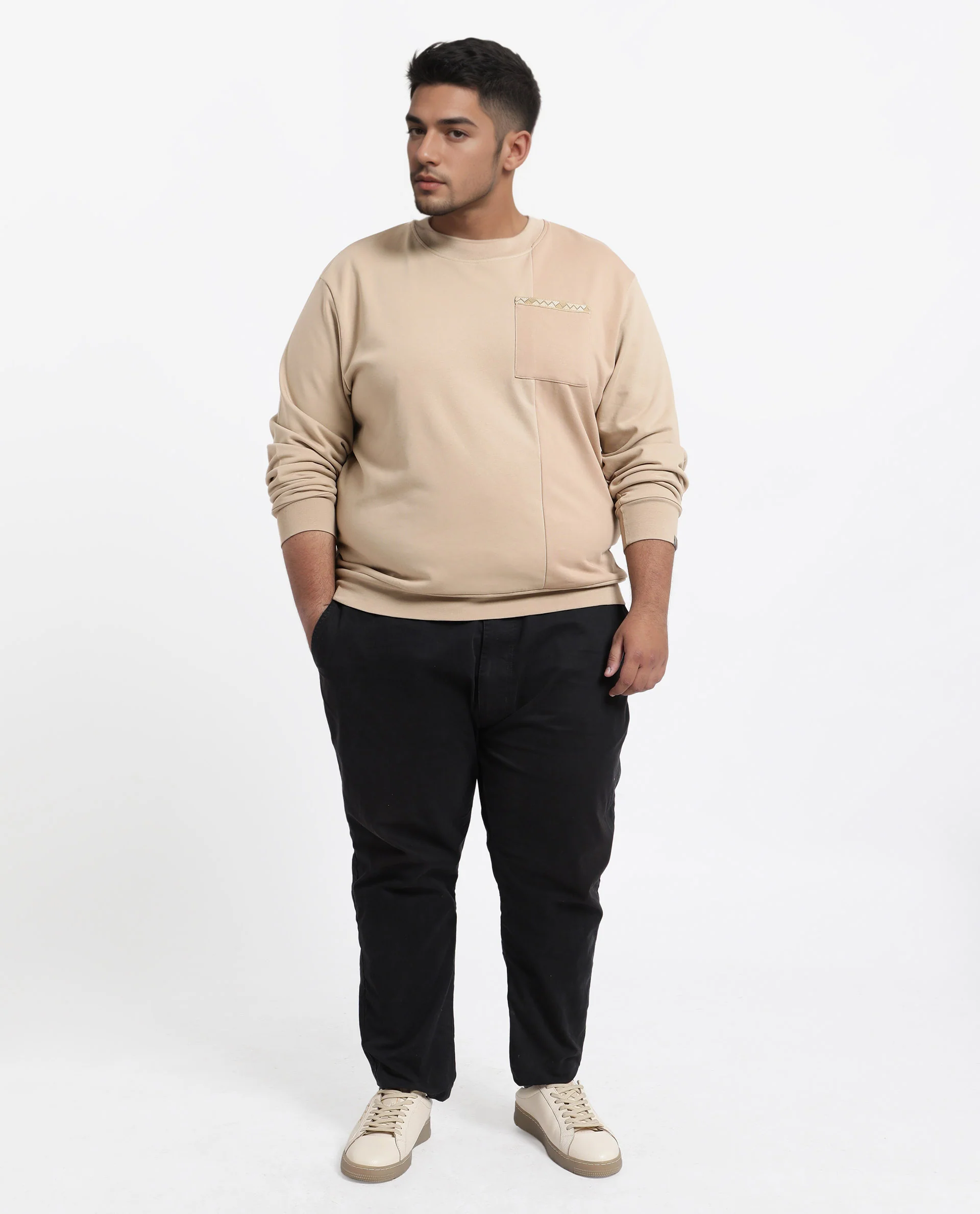 Rare Rabbit Men's Otese-L Beige Cotton Blend Cut And Sew Plus Size Full Sleeve Crew Neck Sweatshirt - Image 2