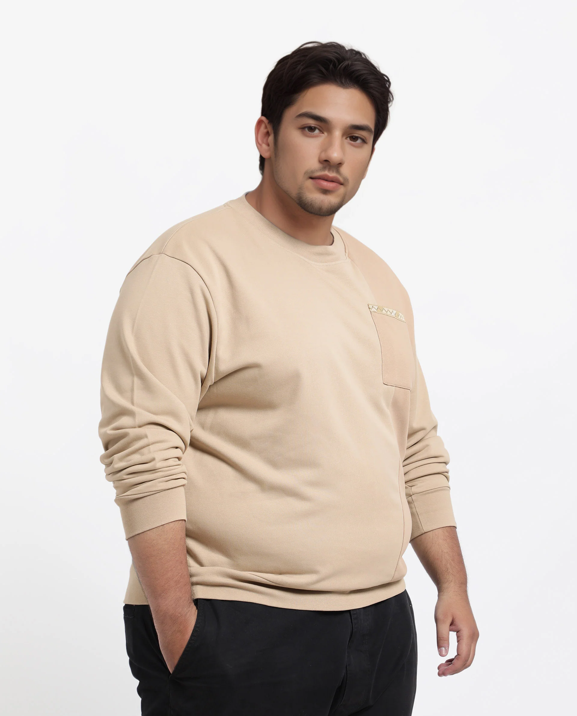 Rare Rabbit Men's Otese-L Beige Cotton Blend Cut And Sew Plus Size Full Sleeve Crew Neck Sweatshirt - Image 4