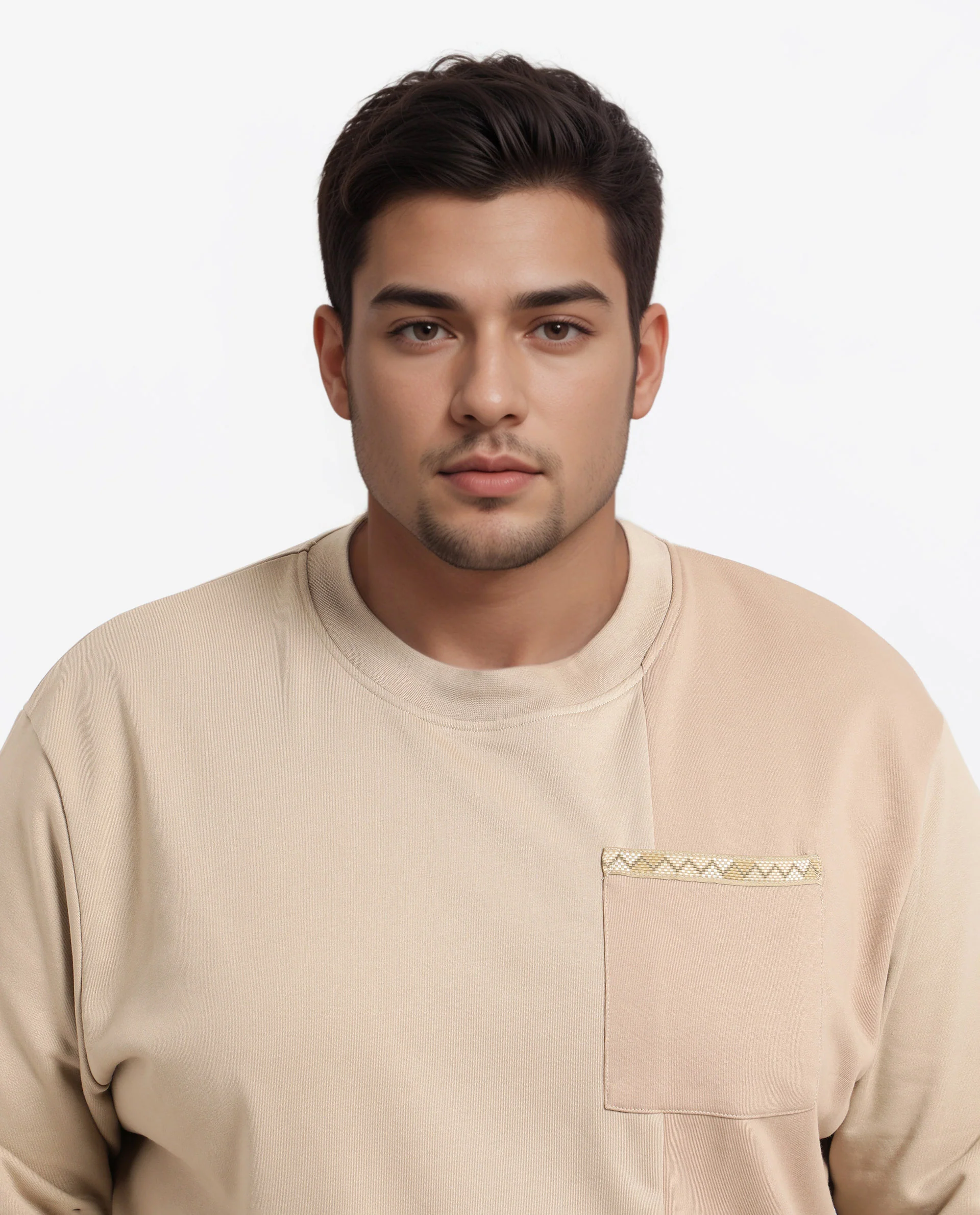 Rare Rabbit Men's Otese-L Beige Cotton Blend Cut And Sew Plus Size Full Sleeve Crew Neck Sweatshirt - Image 5