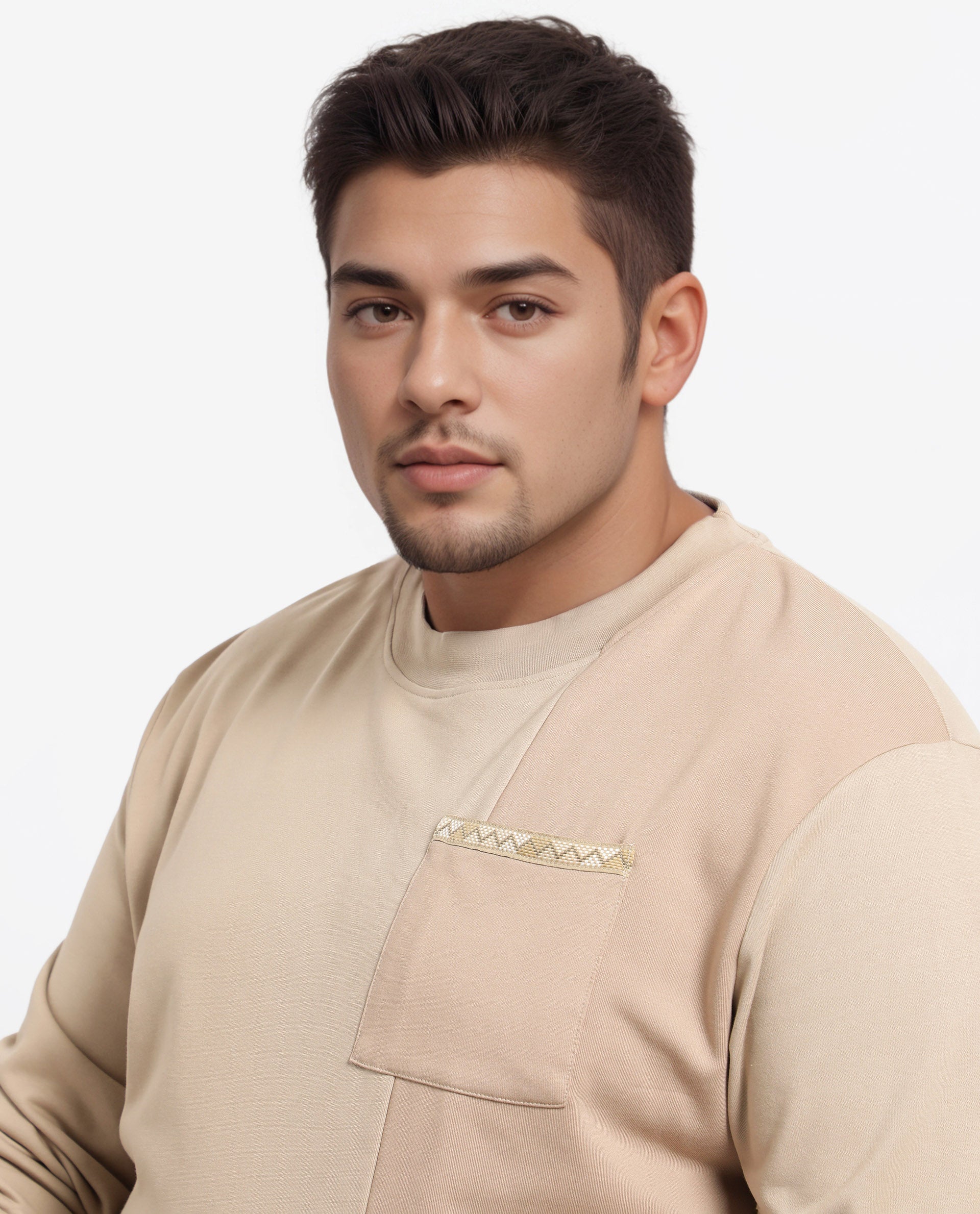 Rare Rabbit Men's Otese-L Beige Cotton Blend Cut And Sew Plus Size Full Sleeve Crew Neck Sweatshirt - Image 8