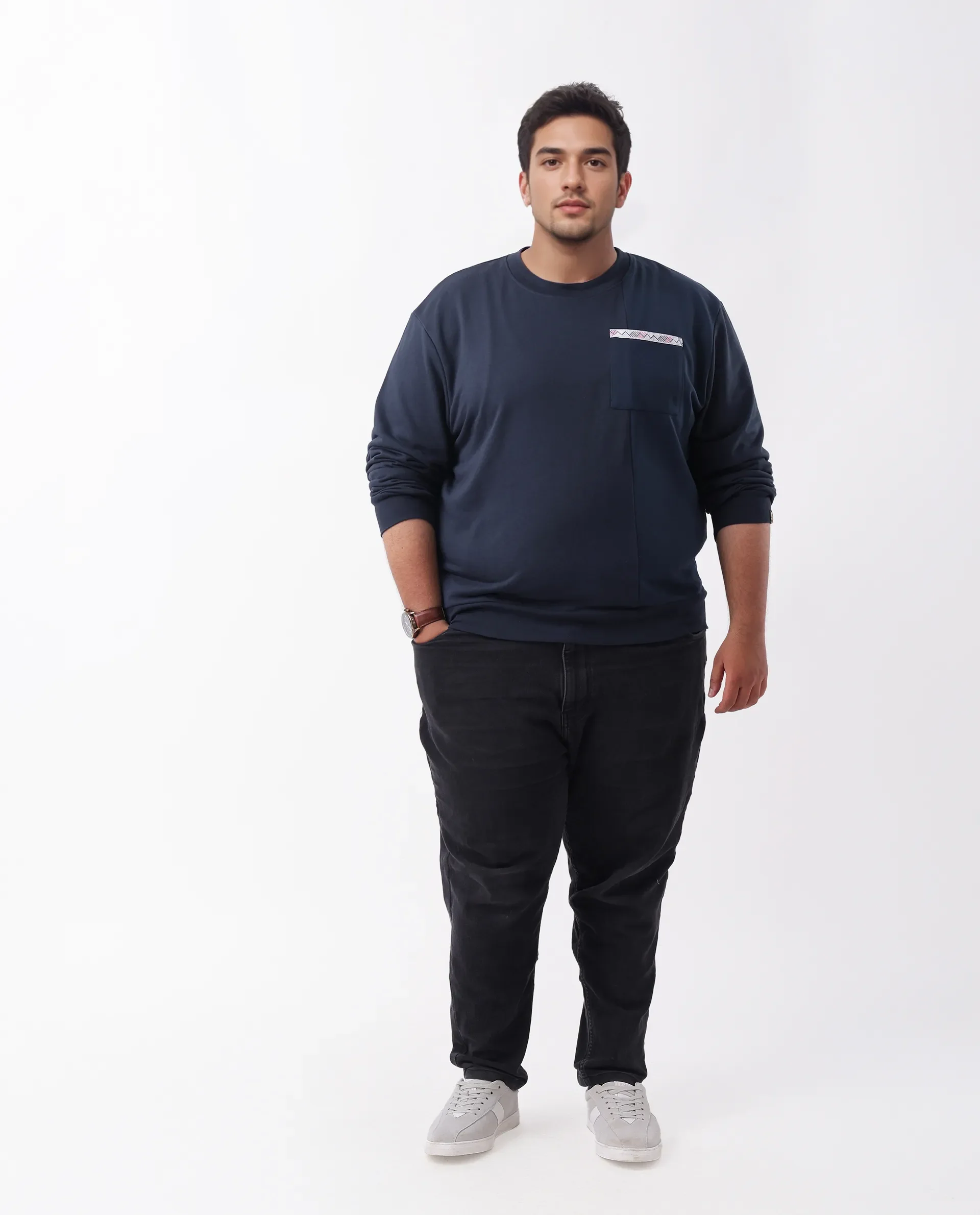 Rare Rabbit Men's Otese-L Navy Cotton Blend Cut And Sew Plus Size Full Sleeve Crew Neck Sweatshirt - Image 2