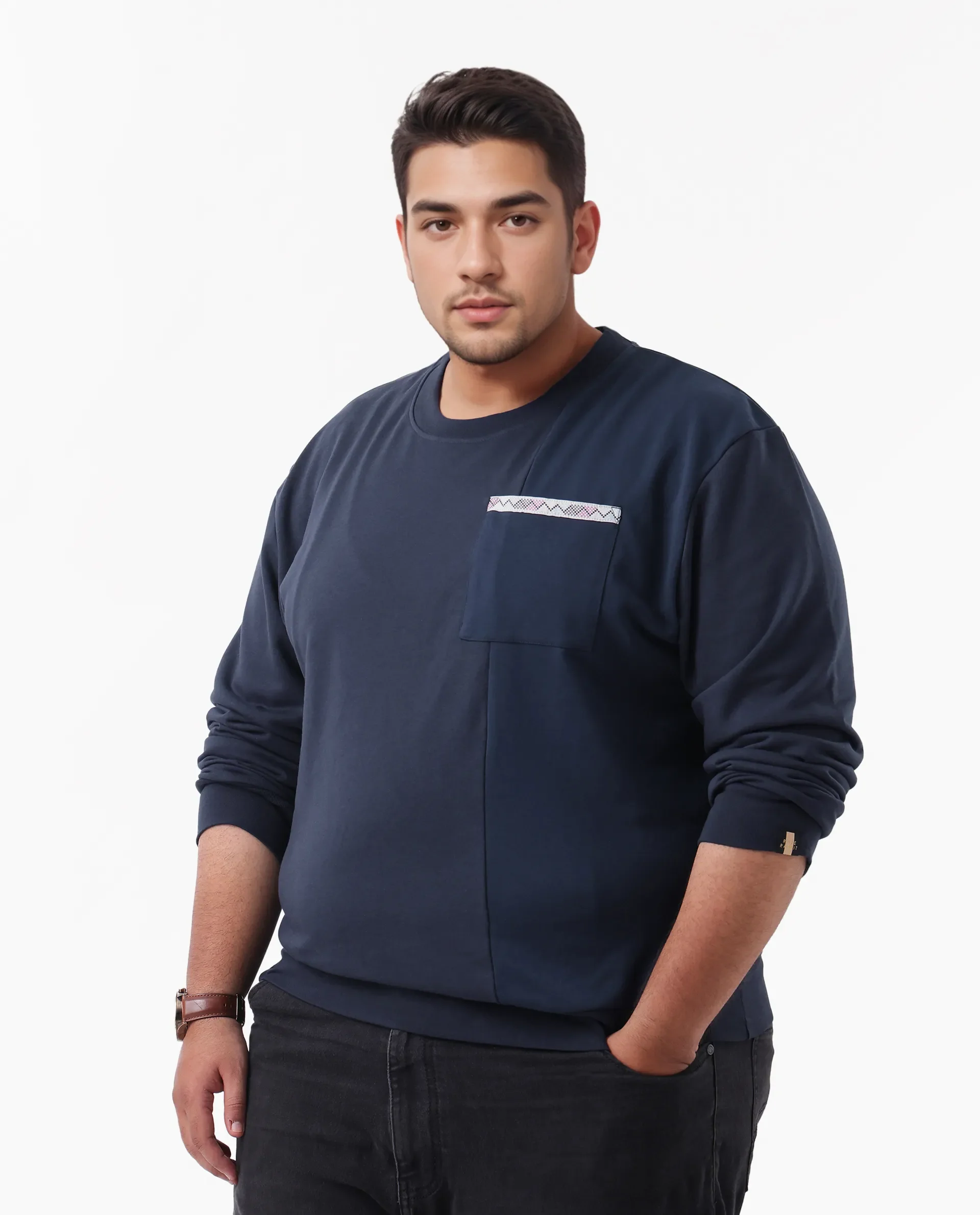 Rare Rabbit Men's Otese-L Navy Cotton Blend Cut And Sew Plus Size Full Sleeve Crew Neck Sweatshirt - Image 4