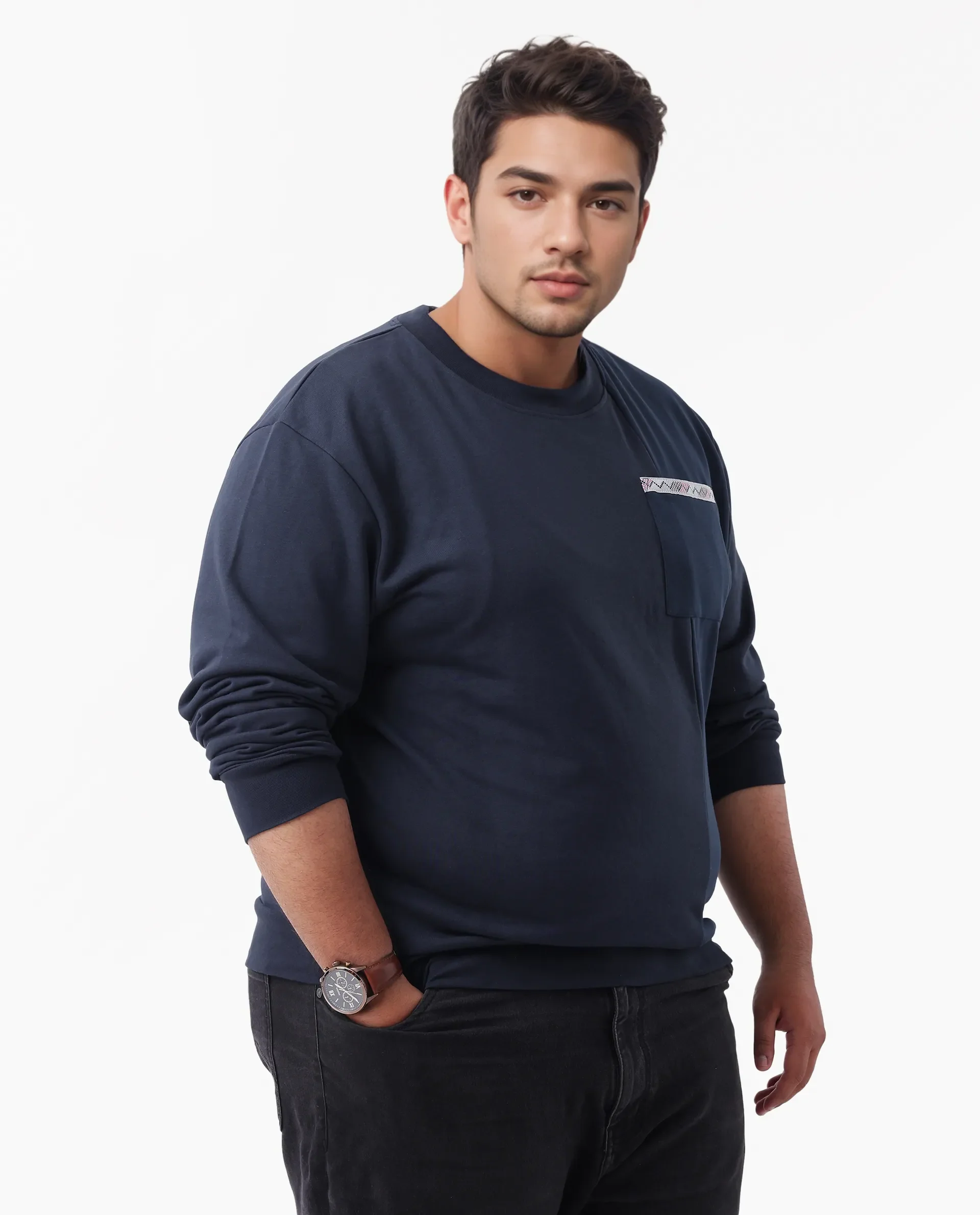 Rare Rabbit Men's Otese-L Navy Cotton Blend Cut And Sew Plus Size Full Sleeve Crew Neck Sweatshirt - Image 5