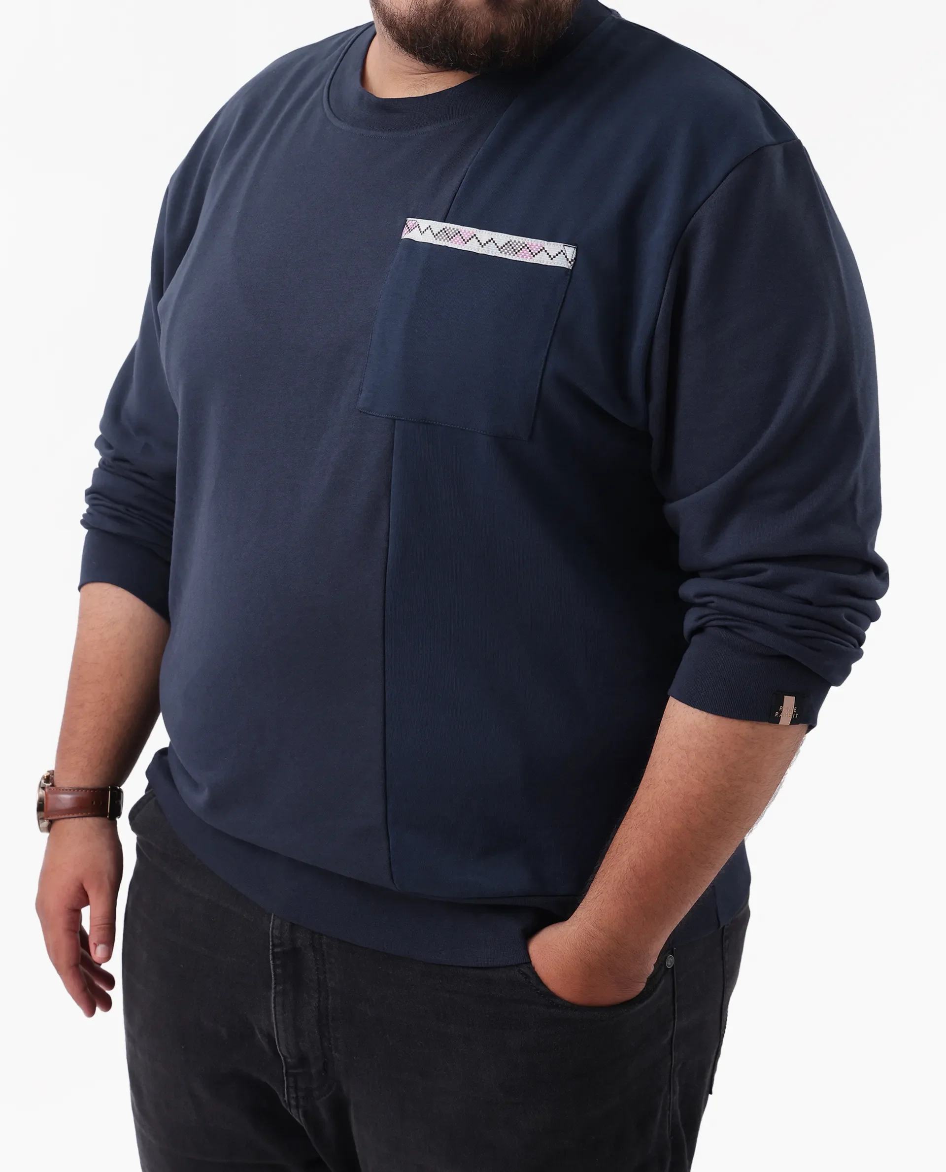 Rare Rabbit Men's Otese-L Navy Cotton Blend Cut And Sew Plus Size Full Sleeve Crew Neck Sweatshirt - Image 6
