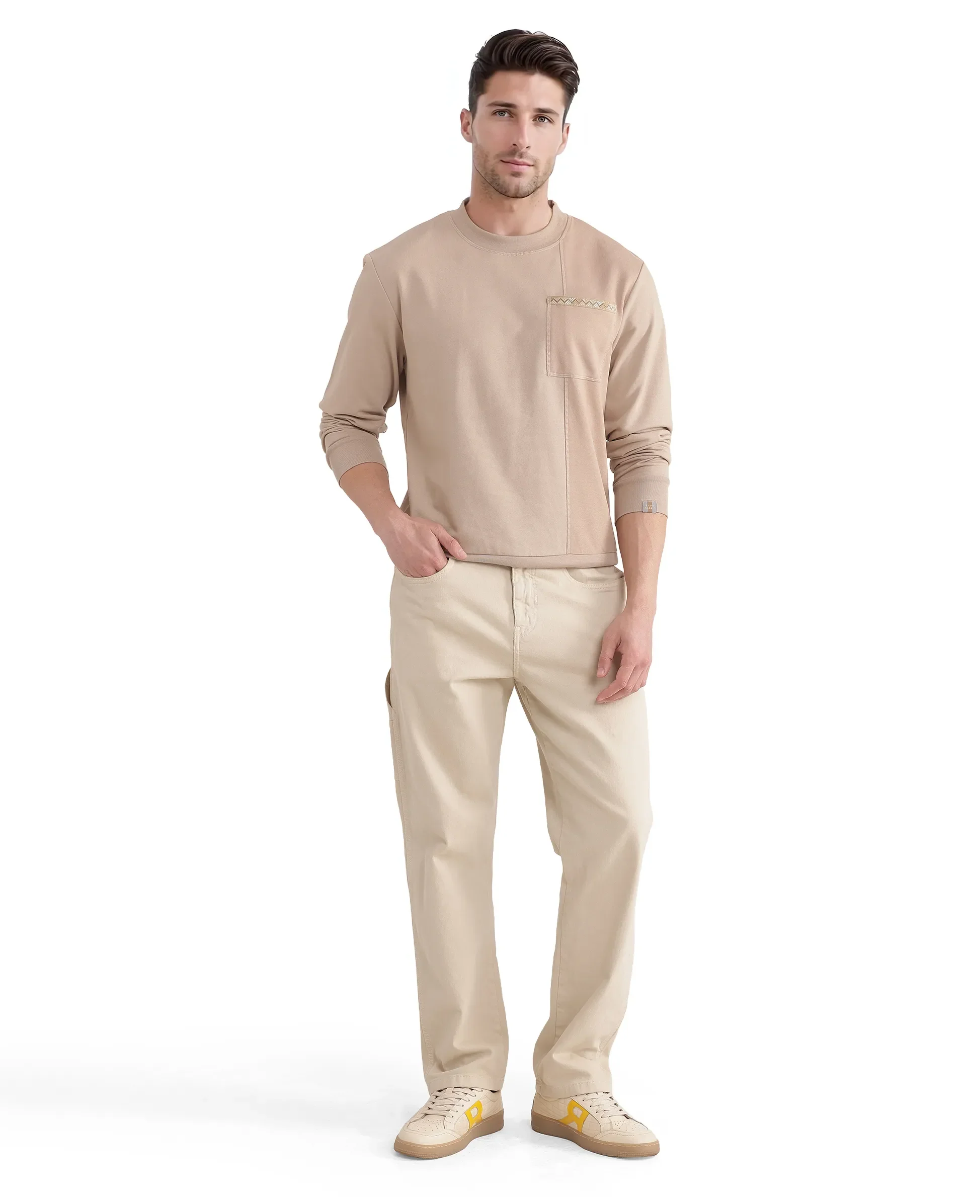 Rare Rabbit Men's Otese Beige Cotton Blend Cut And Sew Regular Fit Full Sleeve Crew Neck Sweatshirt - Image 2