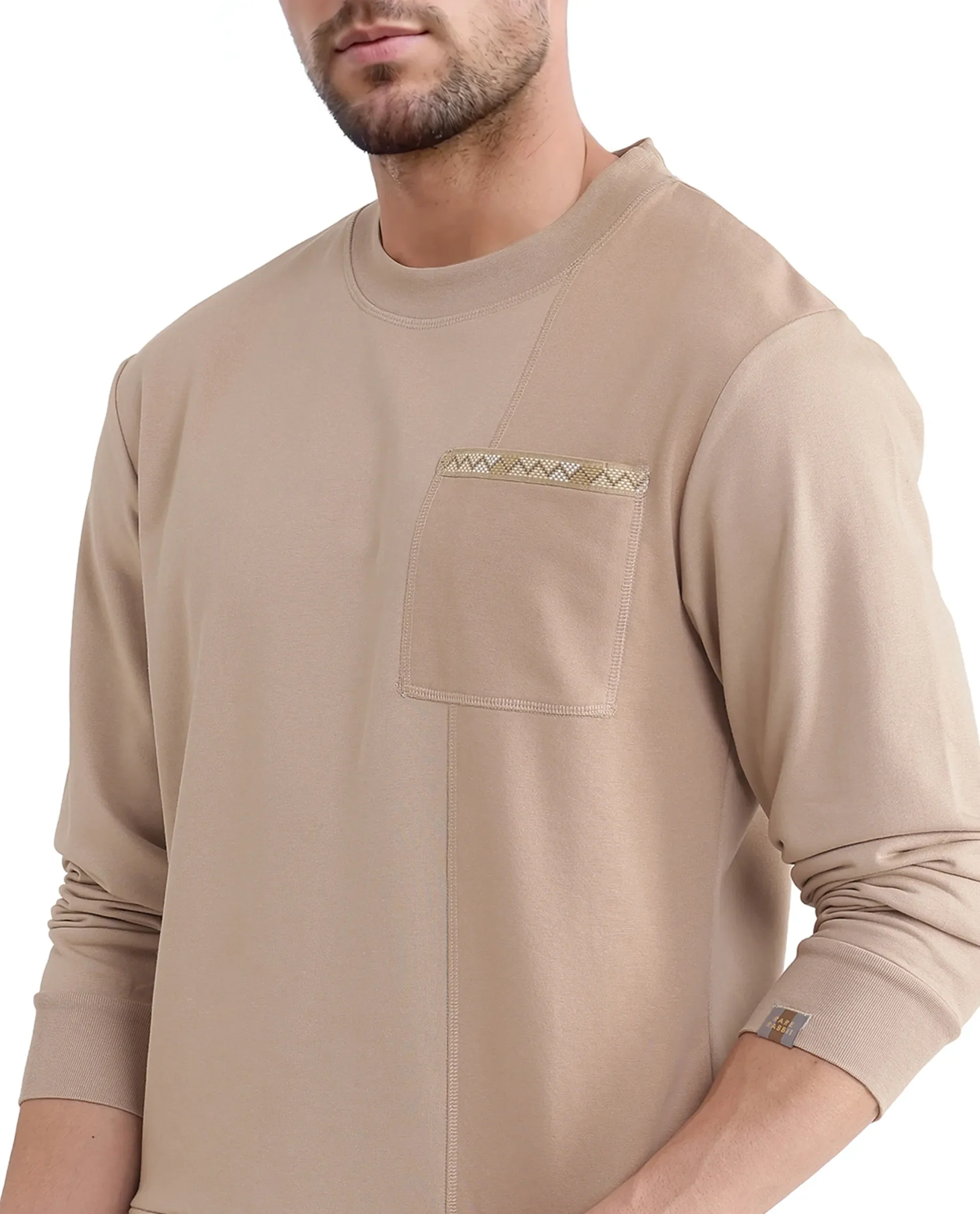 Rare Rabbit Men's Otese Beige Cotton Blend Cut And Sew Regular Fit Full Sleeve Crew Neck Sweatshirt - Image 3