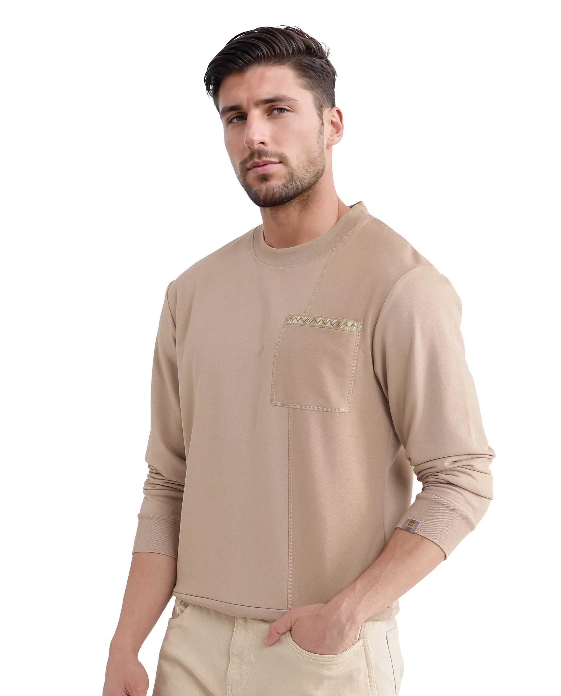 Rare Rabbit Men's Otese Beige Cotton Blend Cut And Sew Regular Fit Full Sleeve Crew Neck Sweatshirt - Image 5