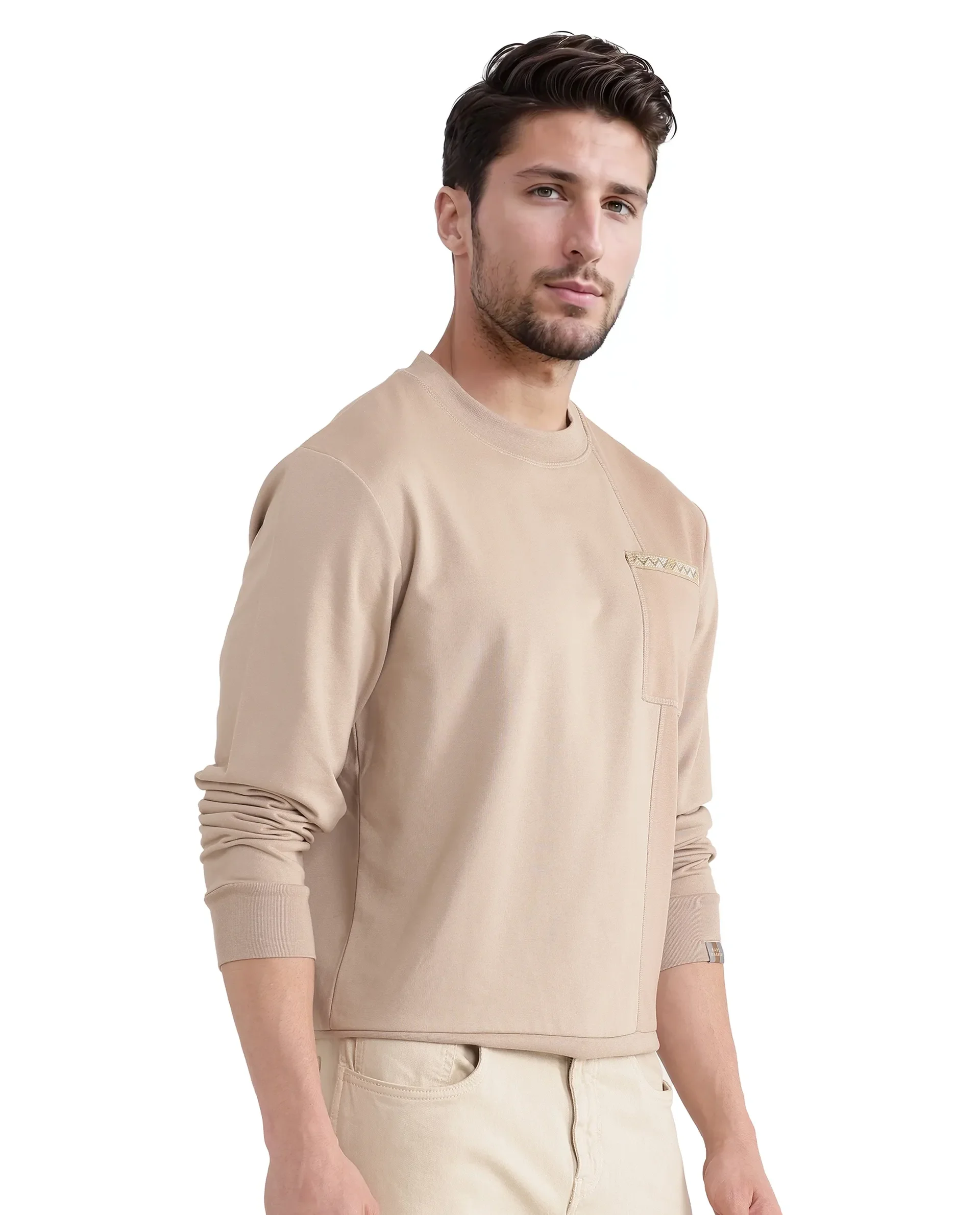 Rare Rabbit Men's Otese Beige Cotton Blend Cut And Sew Regular Fit Full Sleeve Crew Neck Sweatshirt - Image 6