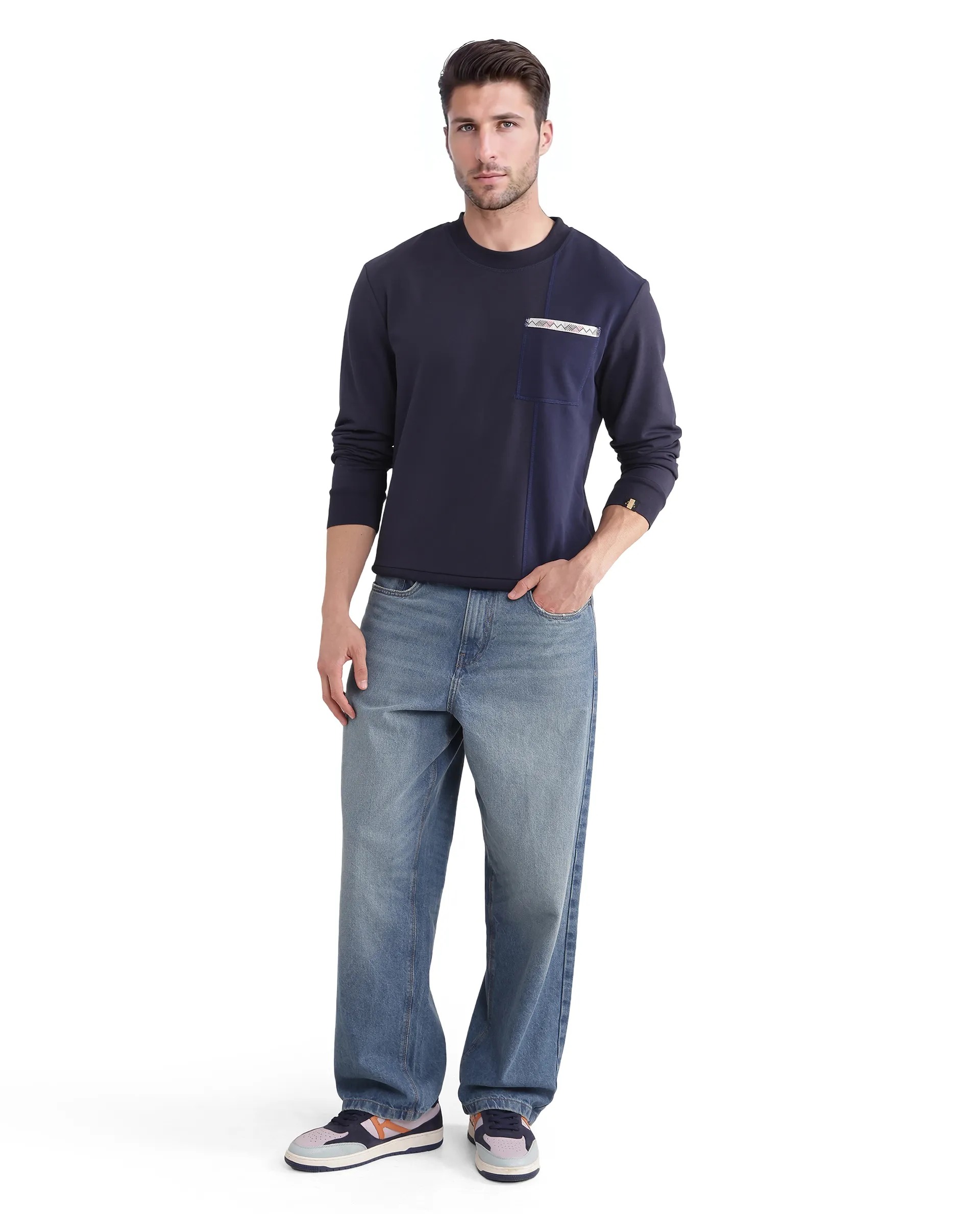 Rare Rabbit Men's Otese Navy Cotton Blend Cut And Sew Regular Fit Full Sleeve Crew Neck Sweatshirt - Image 2