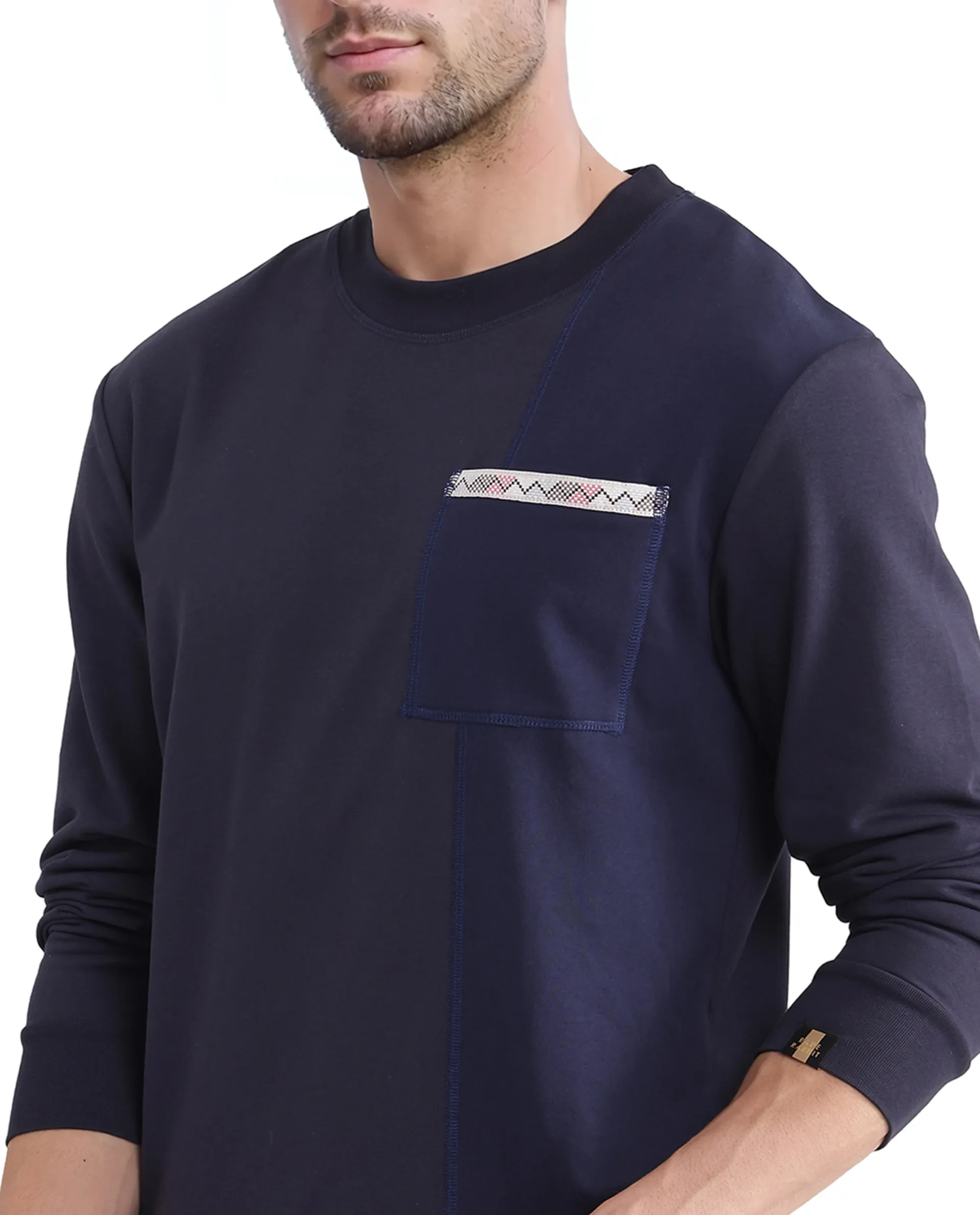 Rare Rabbit Men's Otese Navy Cotton Blend Cut And Sew Regular Fit Full Sleeve Crew Neck Sweatshirt - Image 3