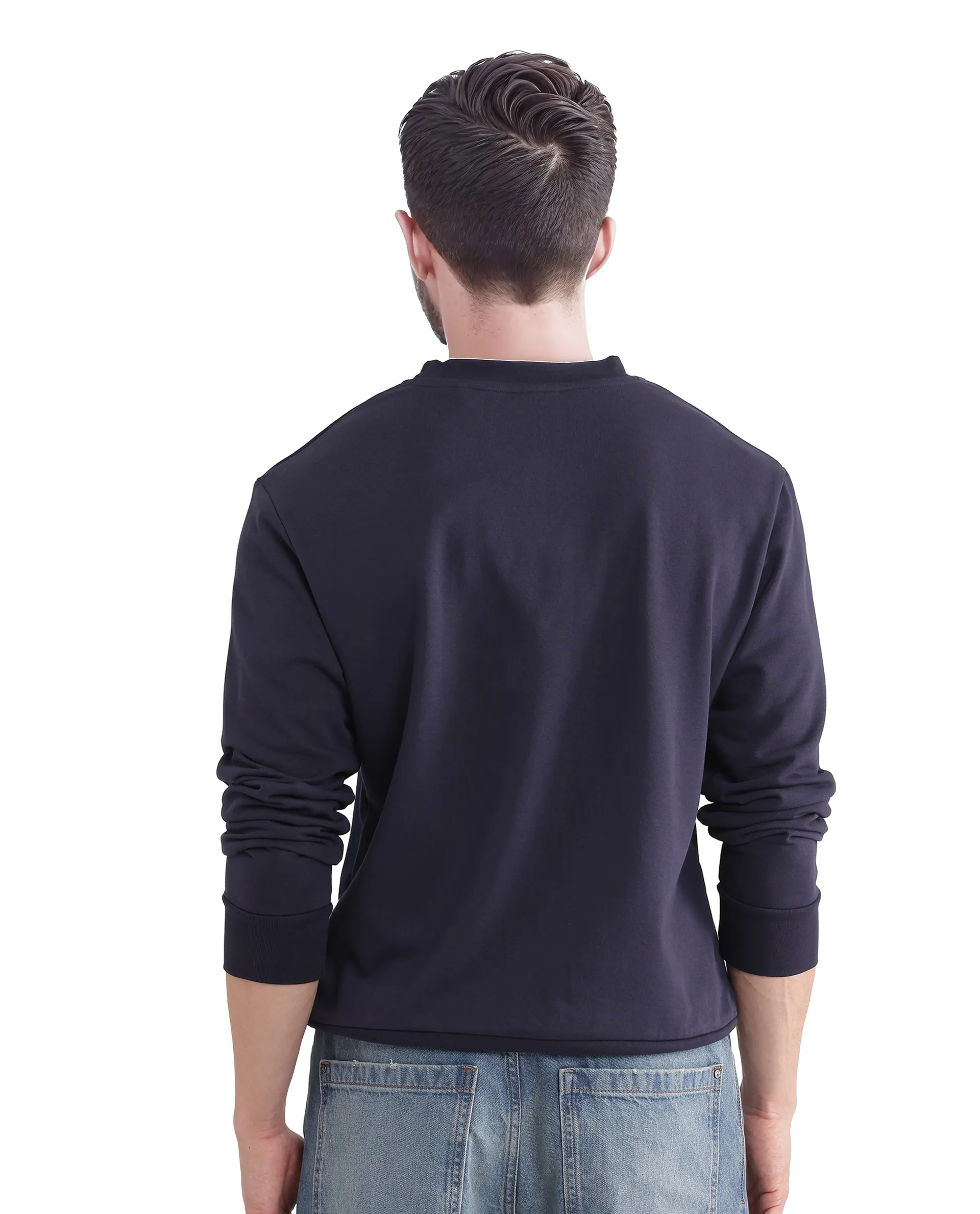 Rare Rabbit Men's Otese Navy Cotton Blend Cut And Sew Regular Fit Full Sleeve Crew Neck Sweatshirt - Image 4