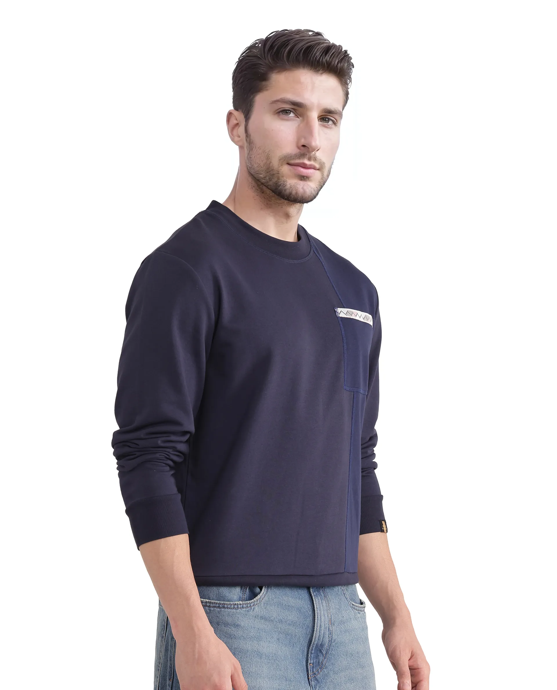 Rare Rabbit Men's Otese Navy Cotton Blend Cut And Sew Regular Fit Full Sleeve Crew Neck Sweatshirt - Image 5