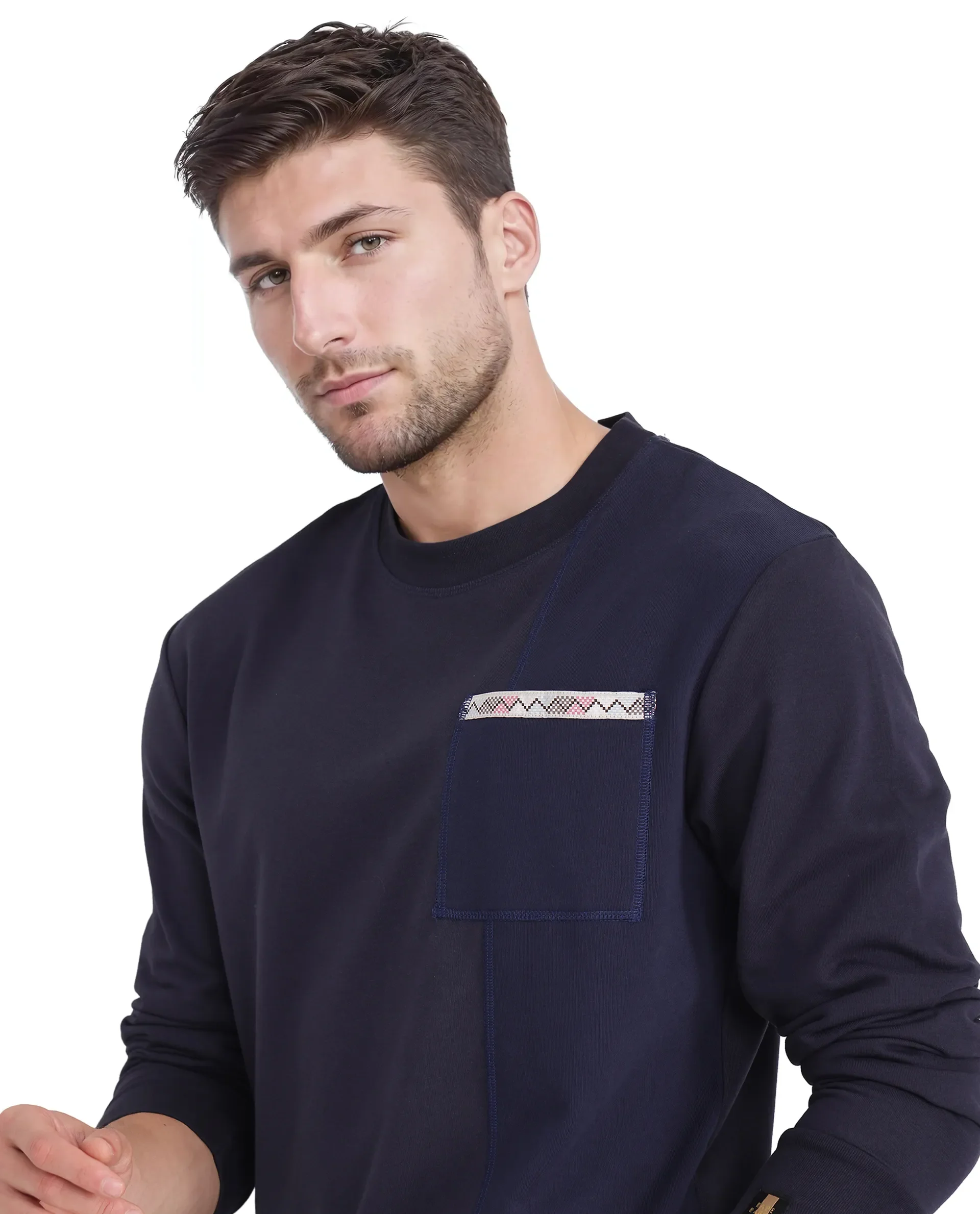Rare Rabbit Men's Otese Navy Cotton Blend Cut And Sew Regular Fit Full Sleeve Crew Neck Sweatshirt - Image 6