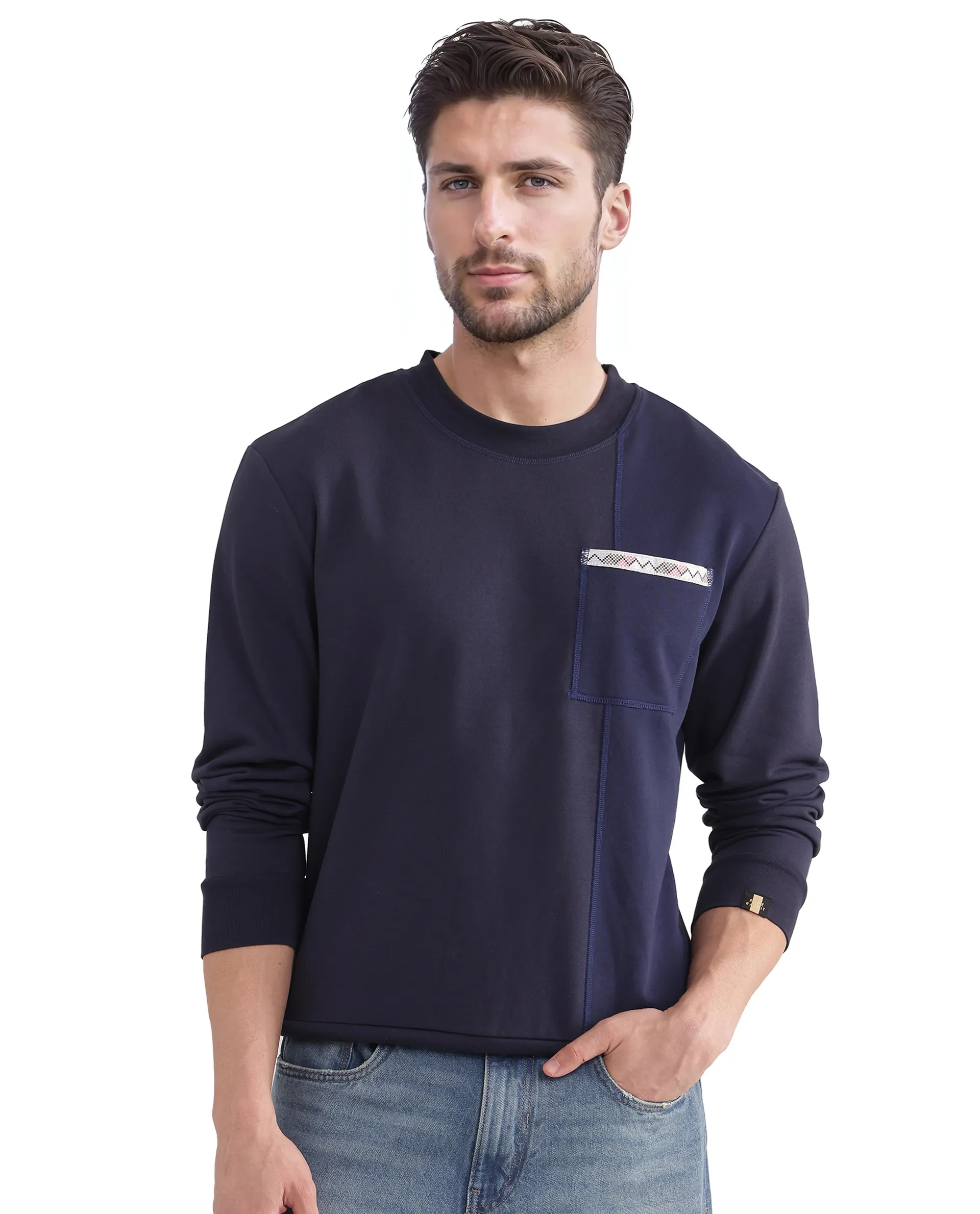 Rare Rabbit Men's Otese Navy Cotton Blend Cut And Sew Regular Fit Full Sleeve Crew Neck Sweatshirt - Image 8
