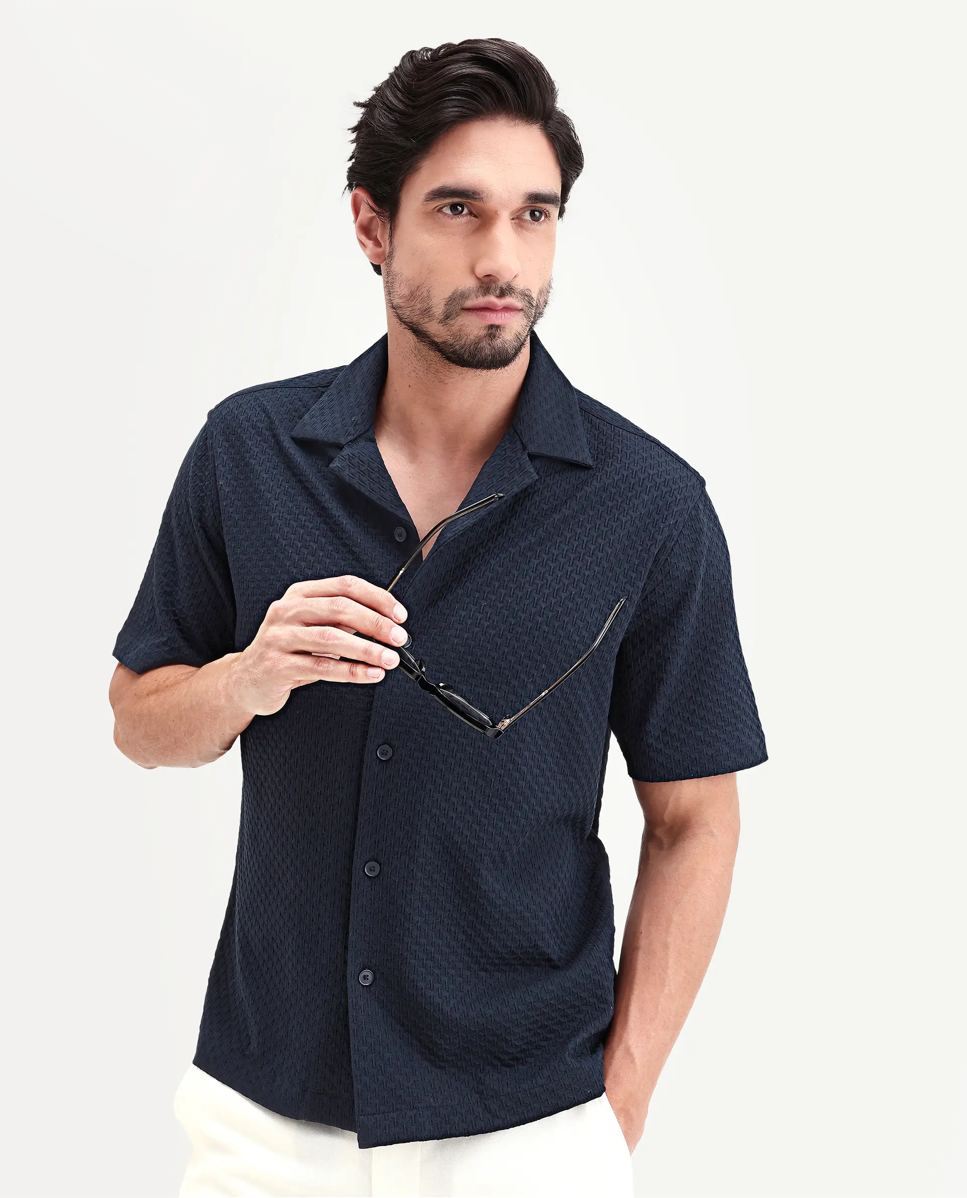 Rare Rabbit Men's Otis Dark Navy Viscose Fabric Half Sleeve Cuban Collar Regular Textured Shirt
