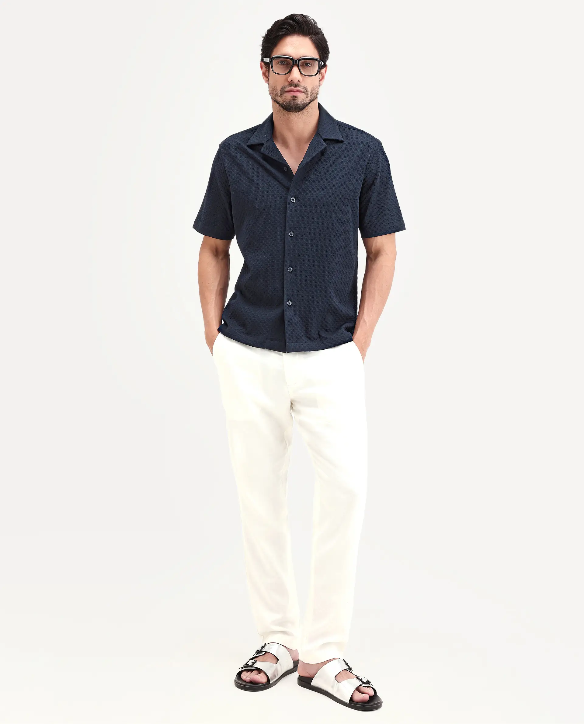 Rare Rabbit Men's Otis Dark Navy Viscose Fabric Half Sleeve Cuban Collar Regular Textured Shirt - Image 2