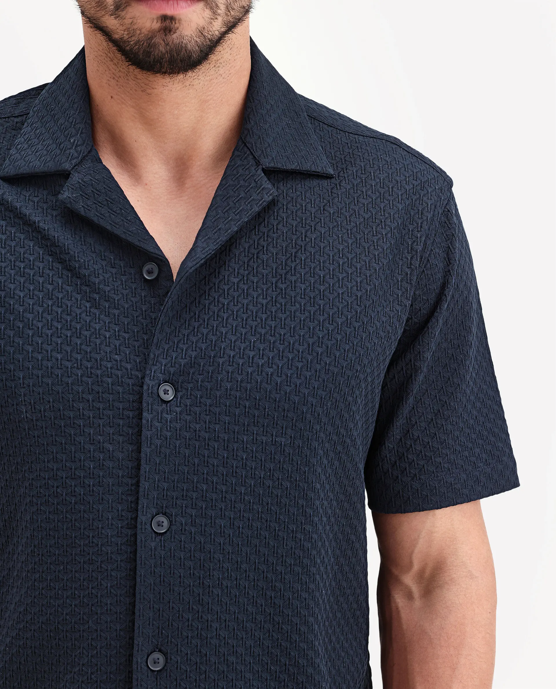 Rare Rabbit Men's Otis Dark Navy Viscose Fabric Half Sleeve Cuban Collar Regular Textured Shirt - Image 3