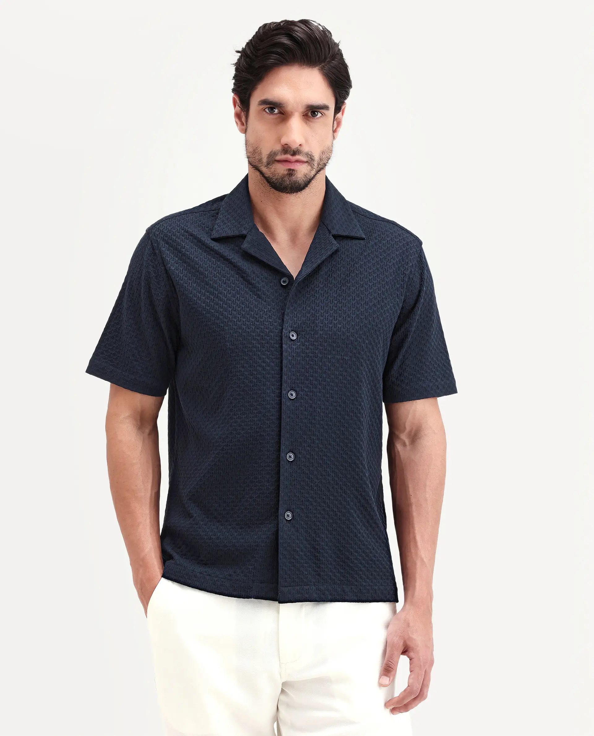Rare Rabbit Men's Otis Dark Navy Viscose Fabric Half Sleeve Cuban Collar Regular Textured Shirt - Image 4