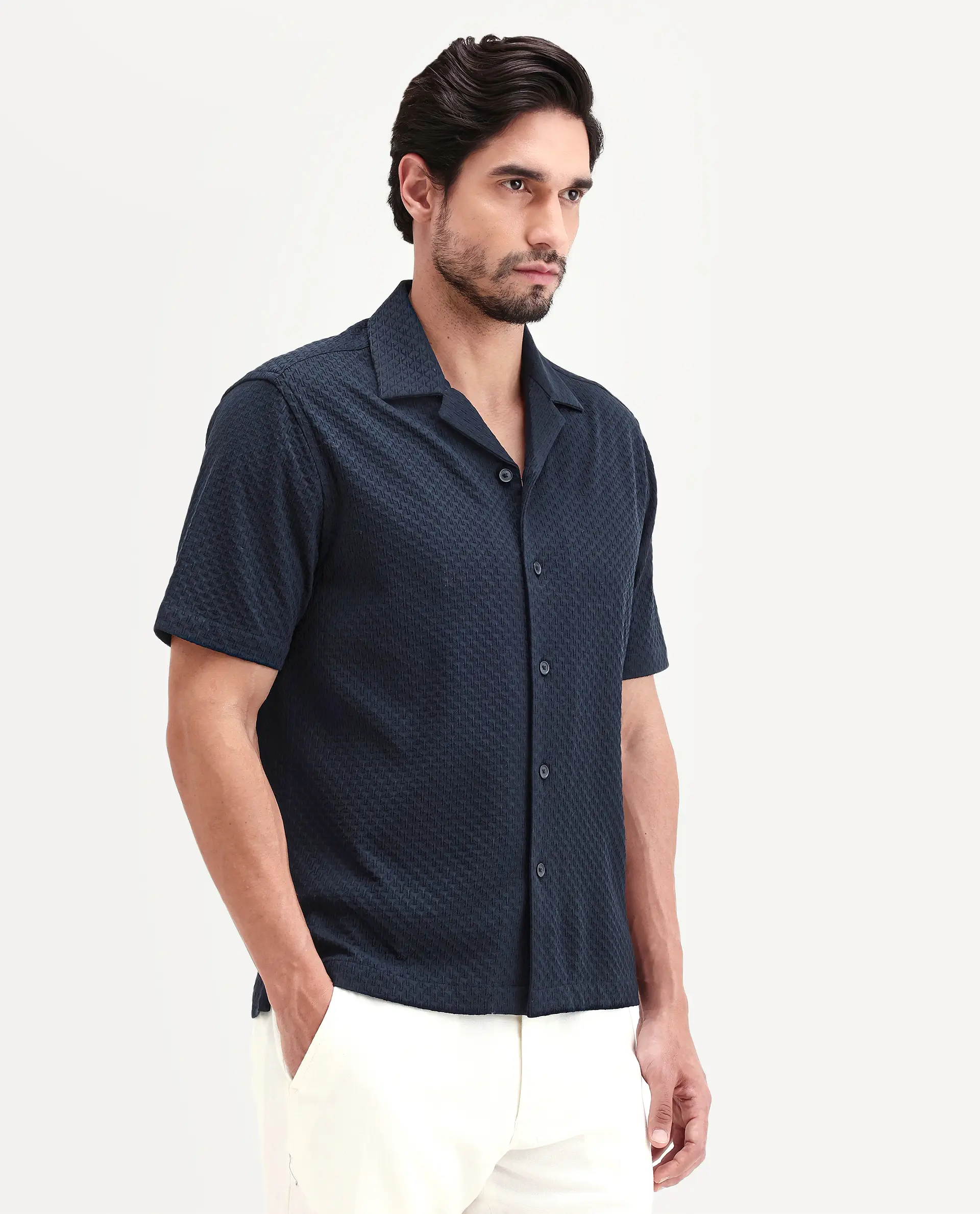 Rare Rabbit Men's Otis Dark Navy Viscose Fabric Half Sleeve Cuban Collar Regular Textured Shirt - Image 5