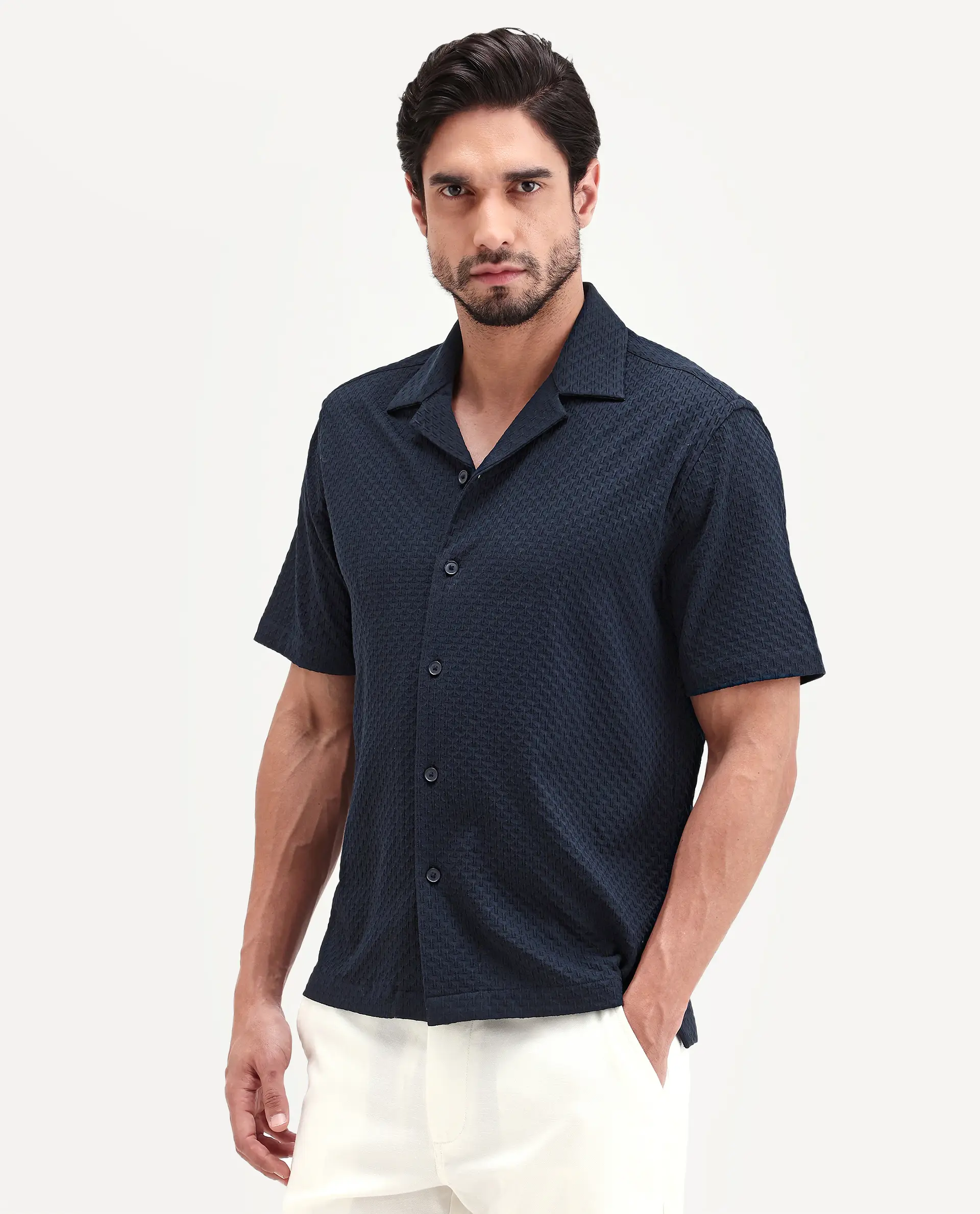 Rare Rabbit Men's Otis Dark Navy Viscose Fabric Half Sleeve Cuban Collar Regular Textured Shirt - Image 6