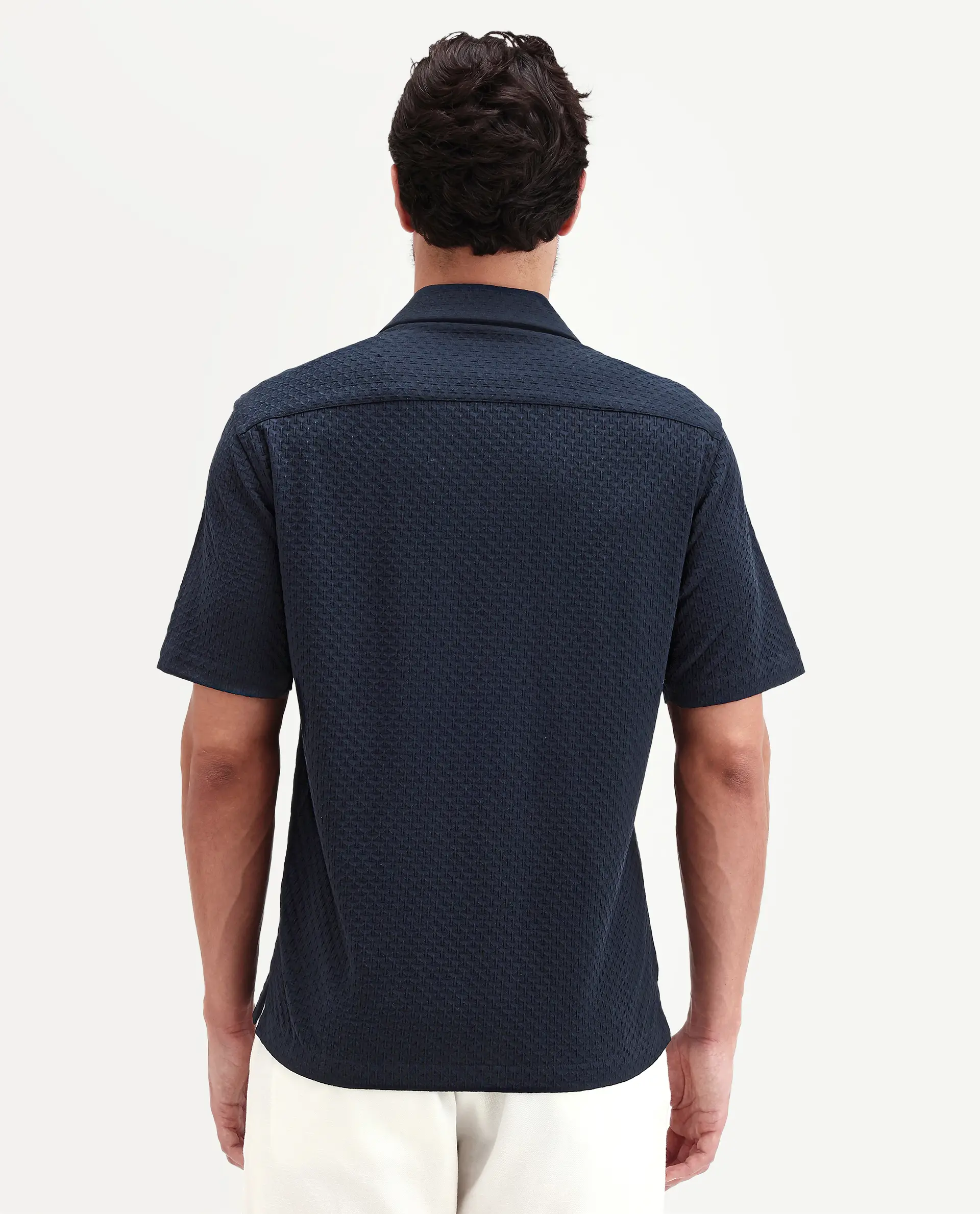 Rare Rabbit Men's Otis Dark Navy Viscose Fabric Half Sleeve Cuban Collar Regular Textured Shirt - Image 7
