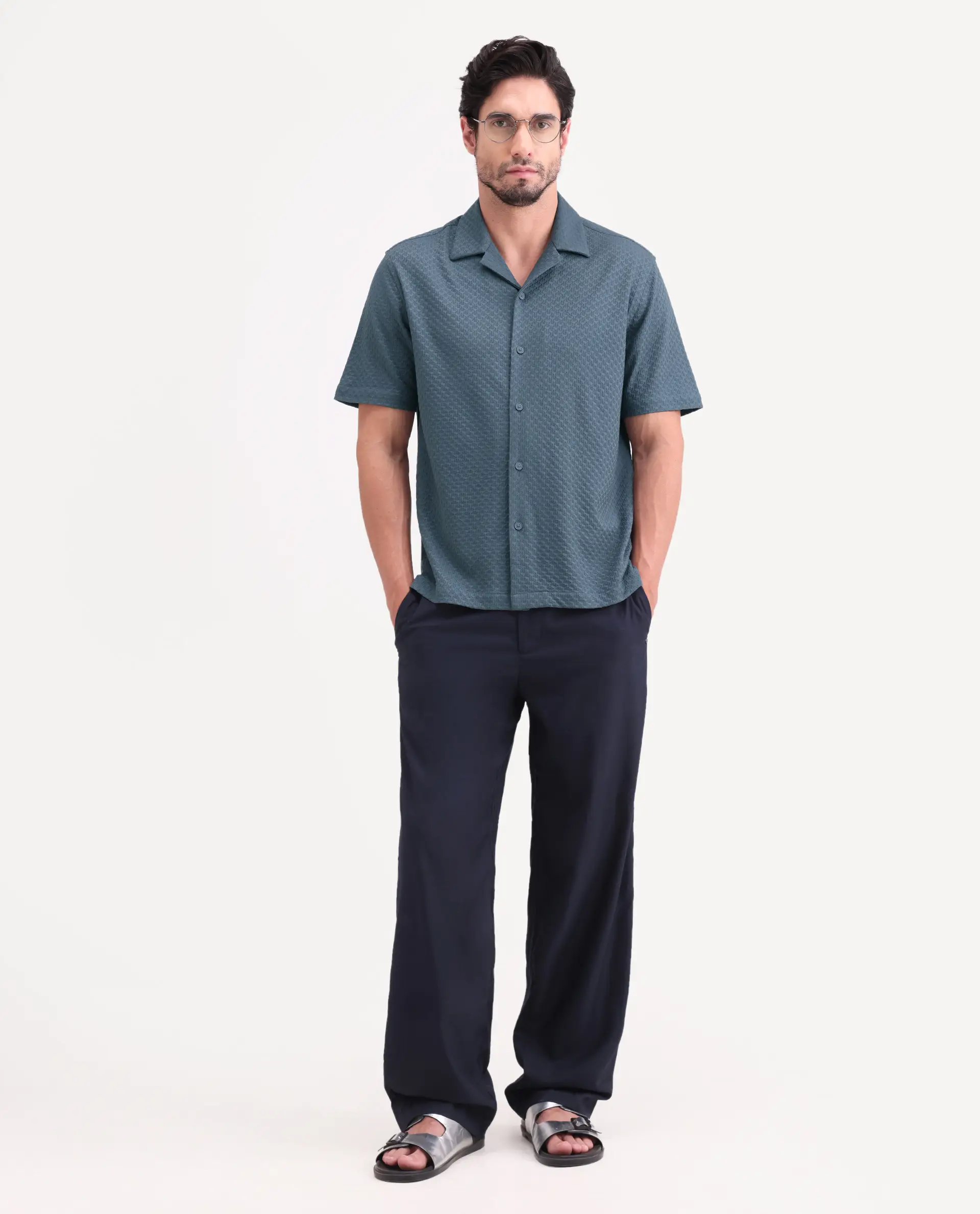 Rare Rabbit Men's Otis Dusky Blue Viscose Fabric Half Sleeve Cuban Collar Regular Textured Shirt - Image 2