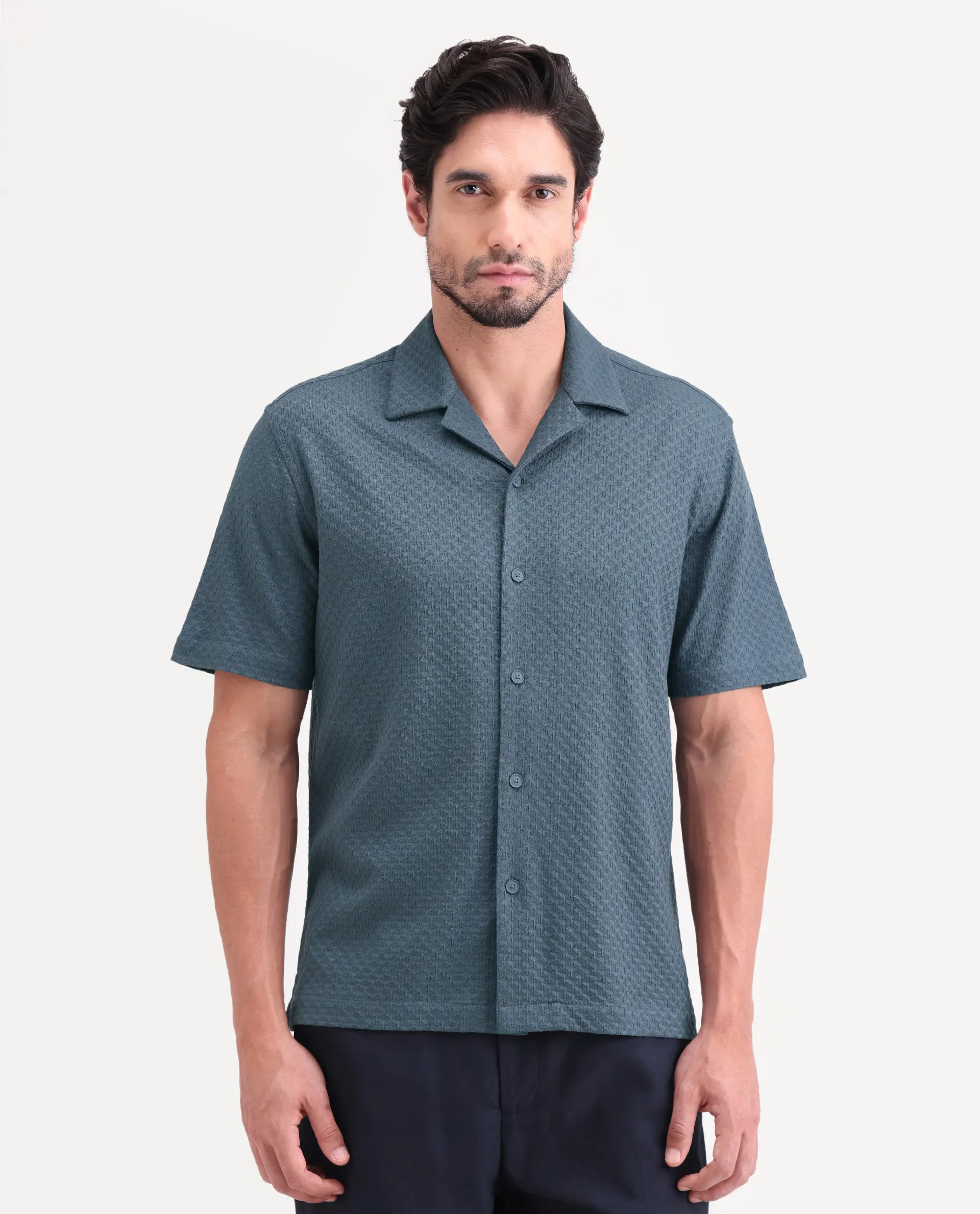 Rare Rabbit Men's Otis Dusky Blue Viscose Fabric Half Sleeve Cuban Collar Regular Textured Shirt - Image 3