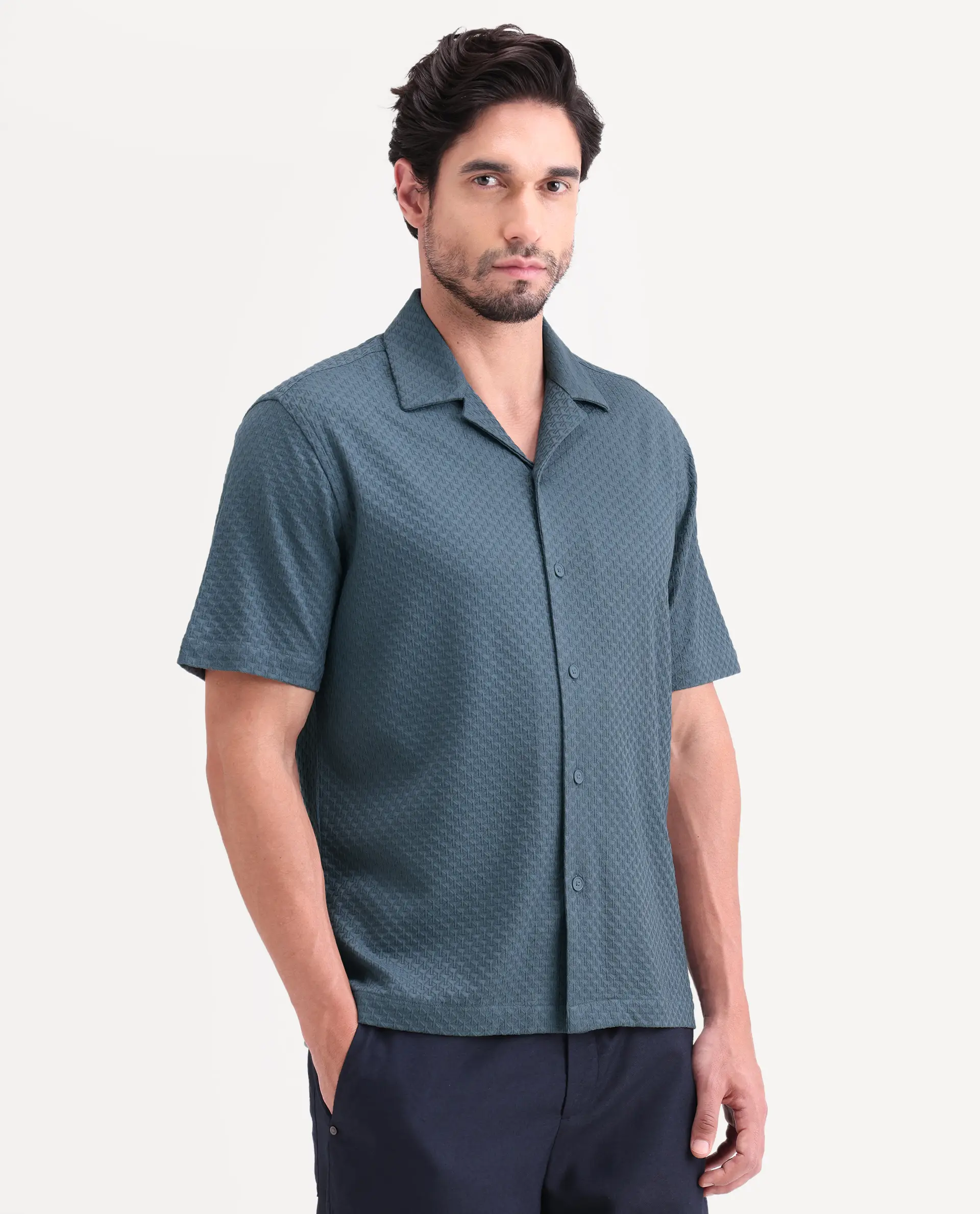 Rare Rabbit Men's Otis Dusky Blue Viscose Fabric Half Sleeve Cuban Collar Regular Textured Shirt - Image 4