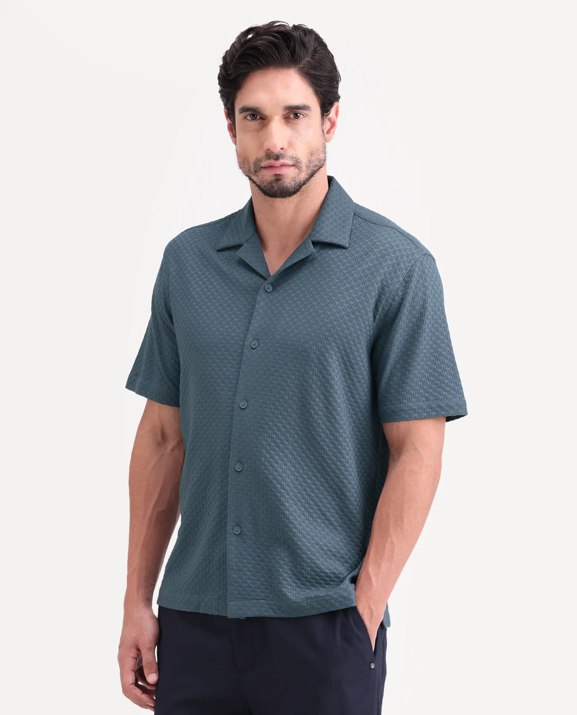 Rare Rabbit Men's Otis Dusky Blue Viscose Fabric Half Sleeve Cuban Collar Regular Textured Shirt - Image 5