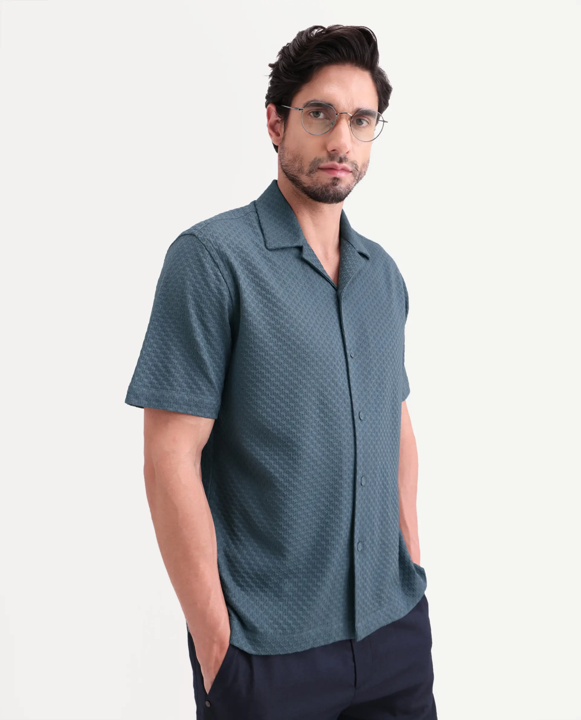Rare Rabbit Men's Otis Dusky Blue Viscose Fabric Half Sleeve Cuban Collar Regular Textured Shirt - Image 6