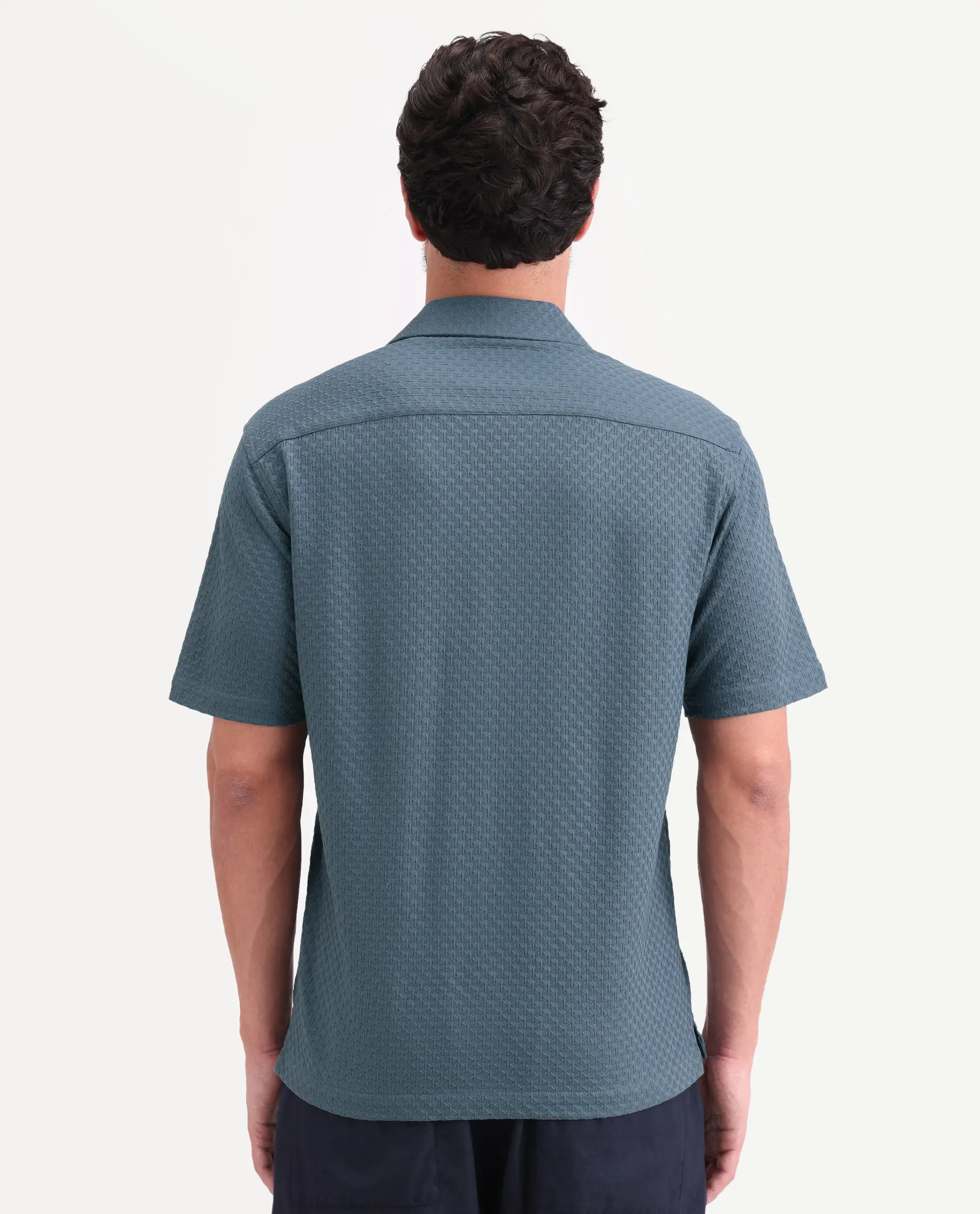 Rare Rabbit Men's Otis Dusky Blue Viscose Fabric Half Sleeve Cuban Collar Regular Textured Shirt - Image 7