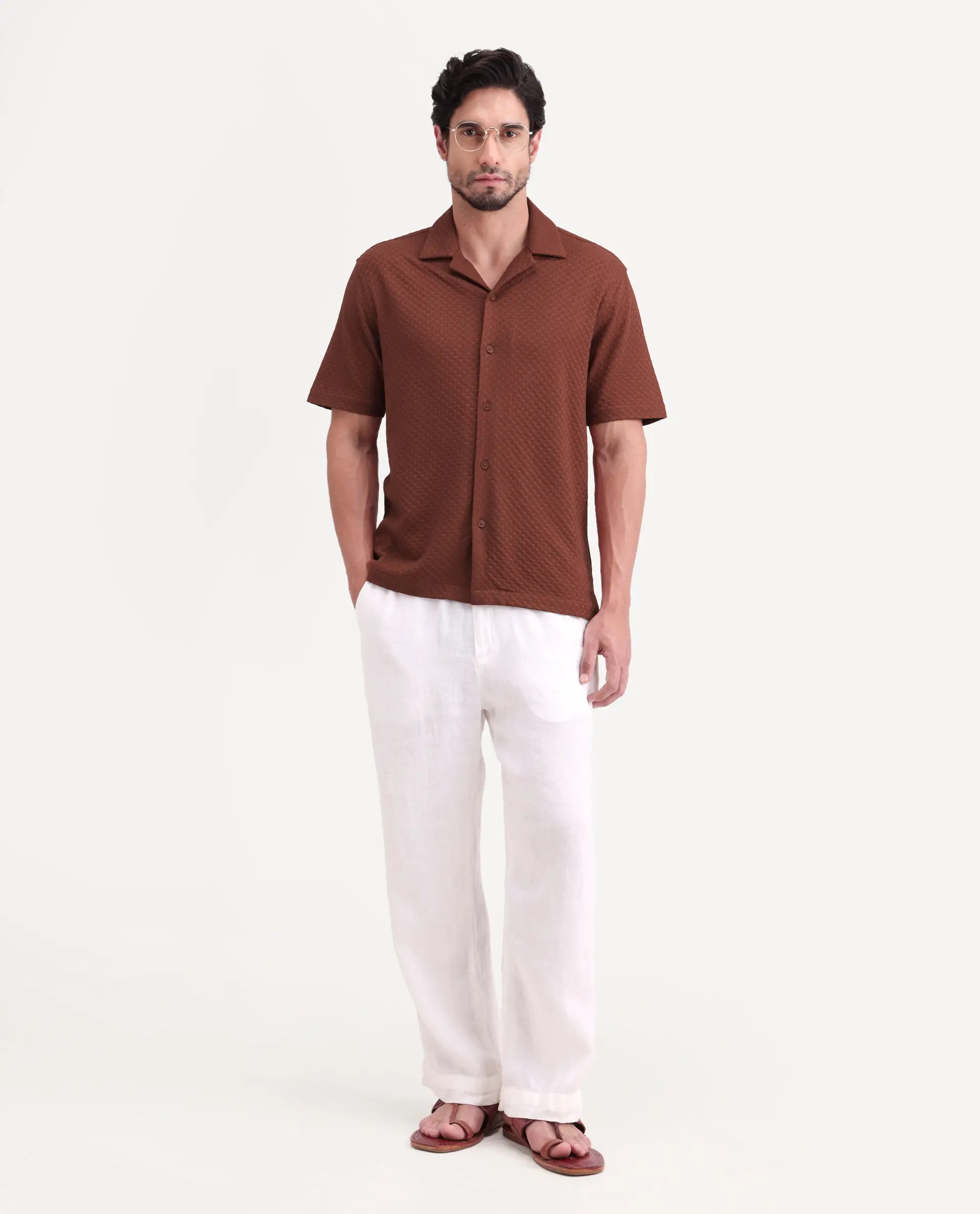 Rare Rabbit Men's Otis Light Rust Viscose Fabric Half Sleeve Cuban Collar Regular Textured Shirt - Image 2